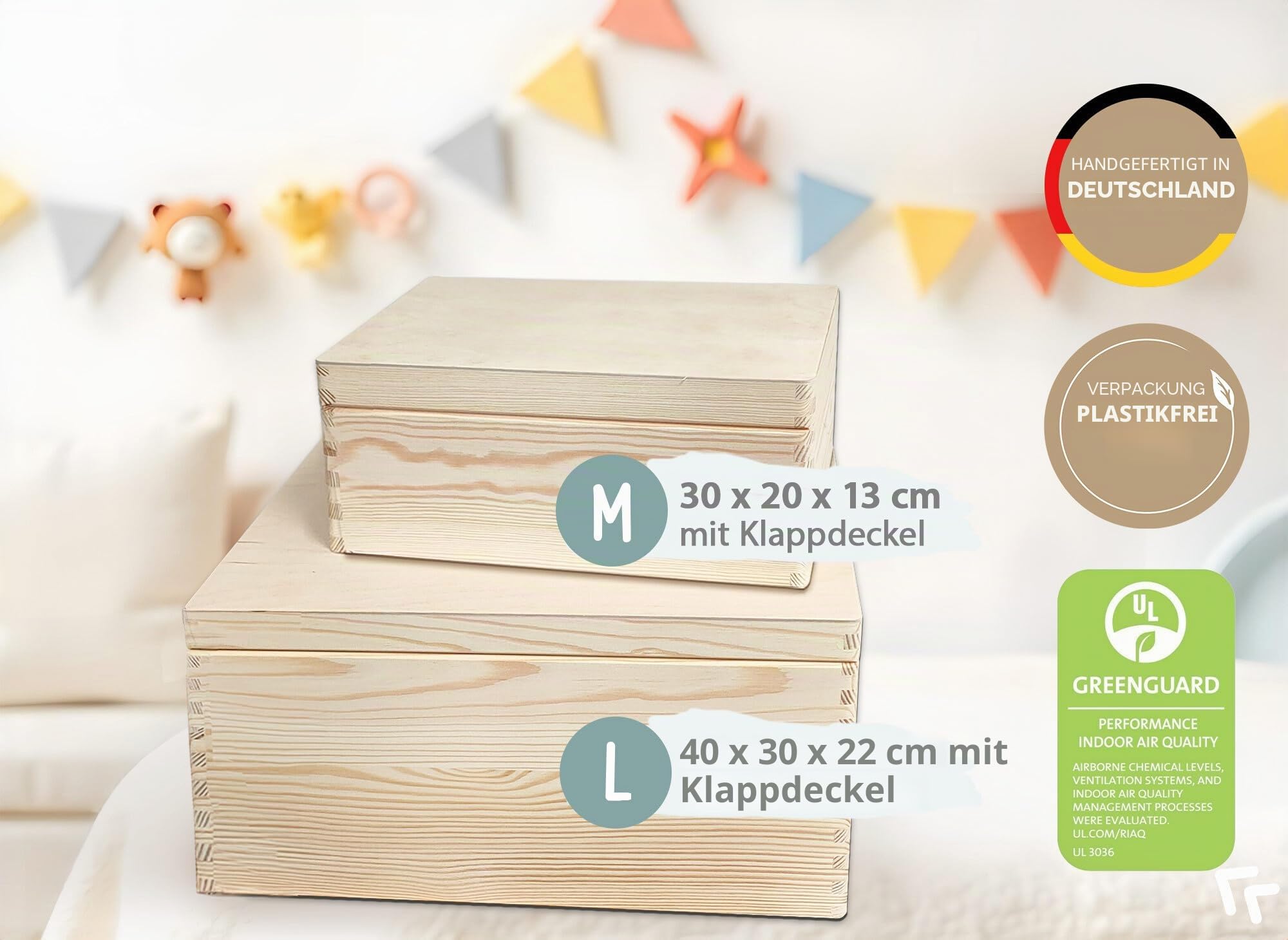 Little Deco Personalisierte Erinnerungsbox Baby Holzkiste mit Deckel | L - 40 x 30 x 22 cm | Erinnerungskiste für Jungen, Geschenk zur Geburt, Taufgeschenk mit Bär & Mond XHL1025-02
