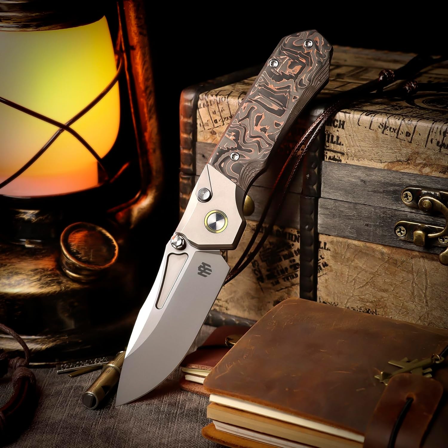 REMETTE Rhino Series EDC Pocket Knife, Pearlescent M390 Blade, Carbon Fiber Handle with Titanium Cilp, Sharp Fishing Camping Folding Knives (Copper foil carbon fiber)