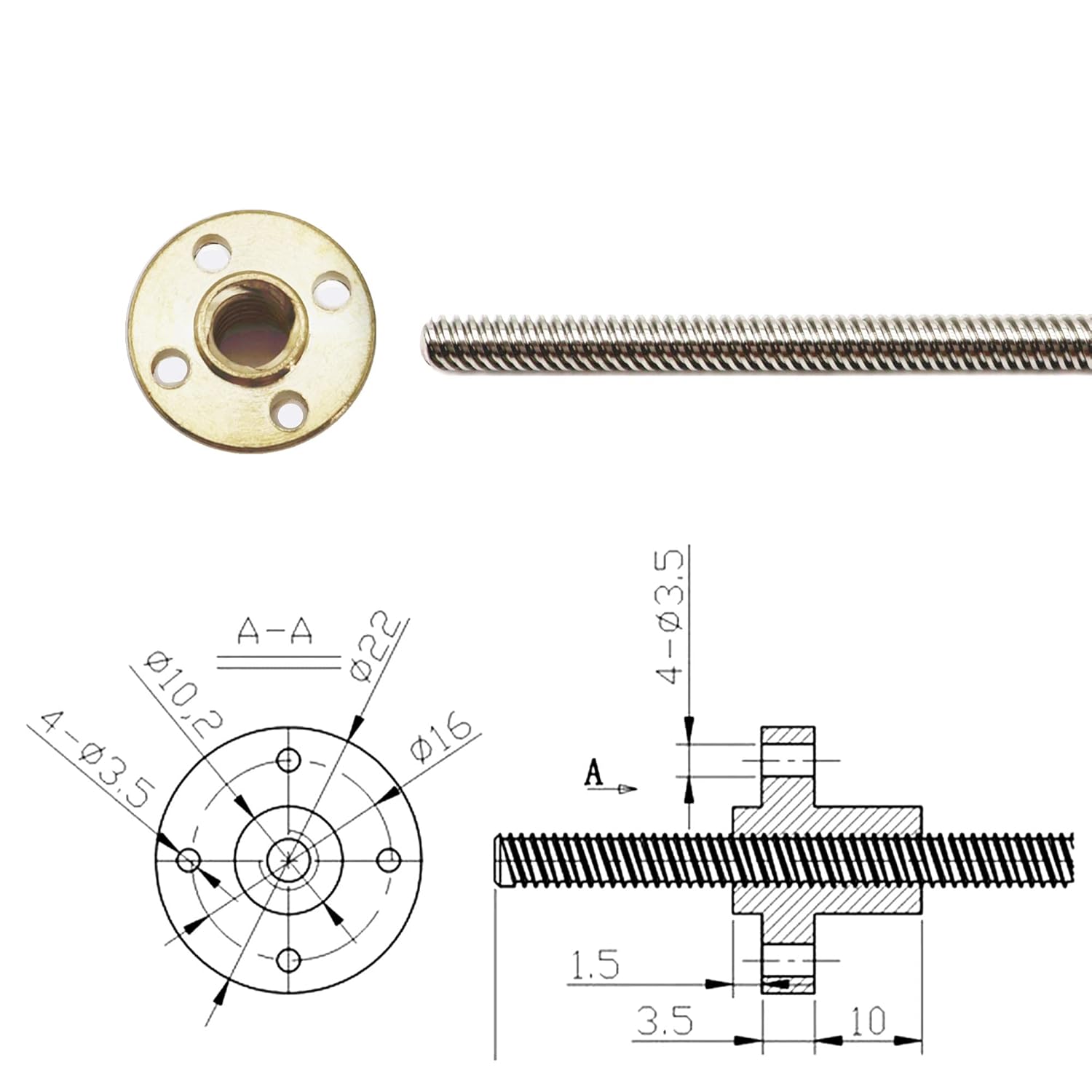 2pcs 350mm Tr8X8 Lead Screw with T8 Brass Nut for 3D Printer Machine Z Axis(Acme Thread, 2mm Pitch, 4 Start, 8mm Lead)