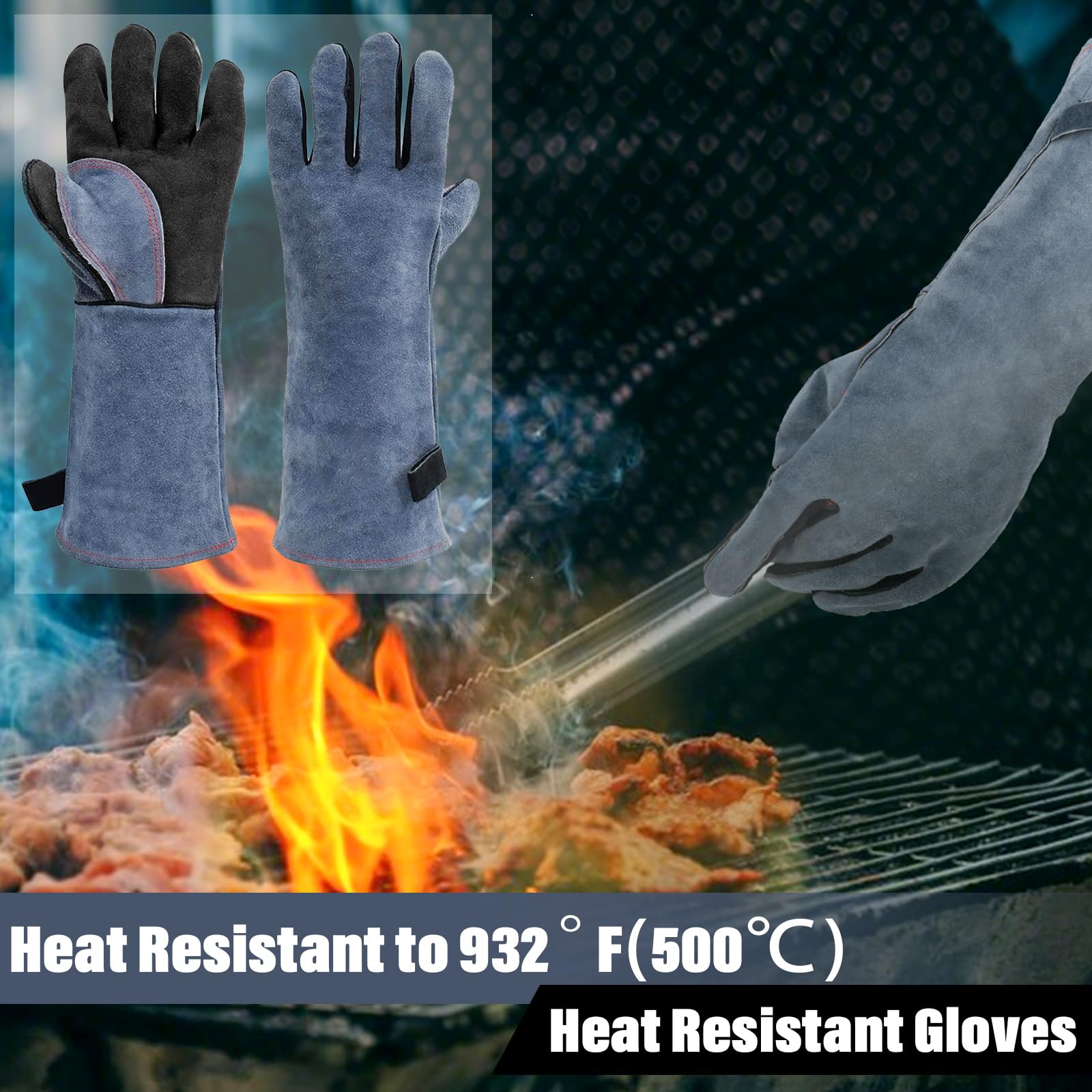 Sahunfri Leather BBQ Gloves, 932°F 500℃ Heat Resistant Gloves with Kevlar Stitching for Women Men Barbecue Welding, Oven - Image 2