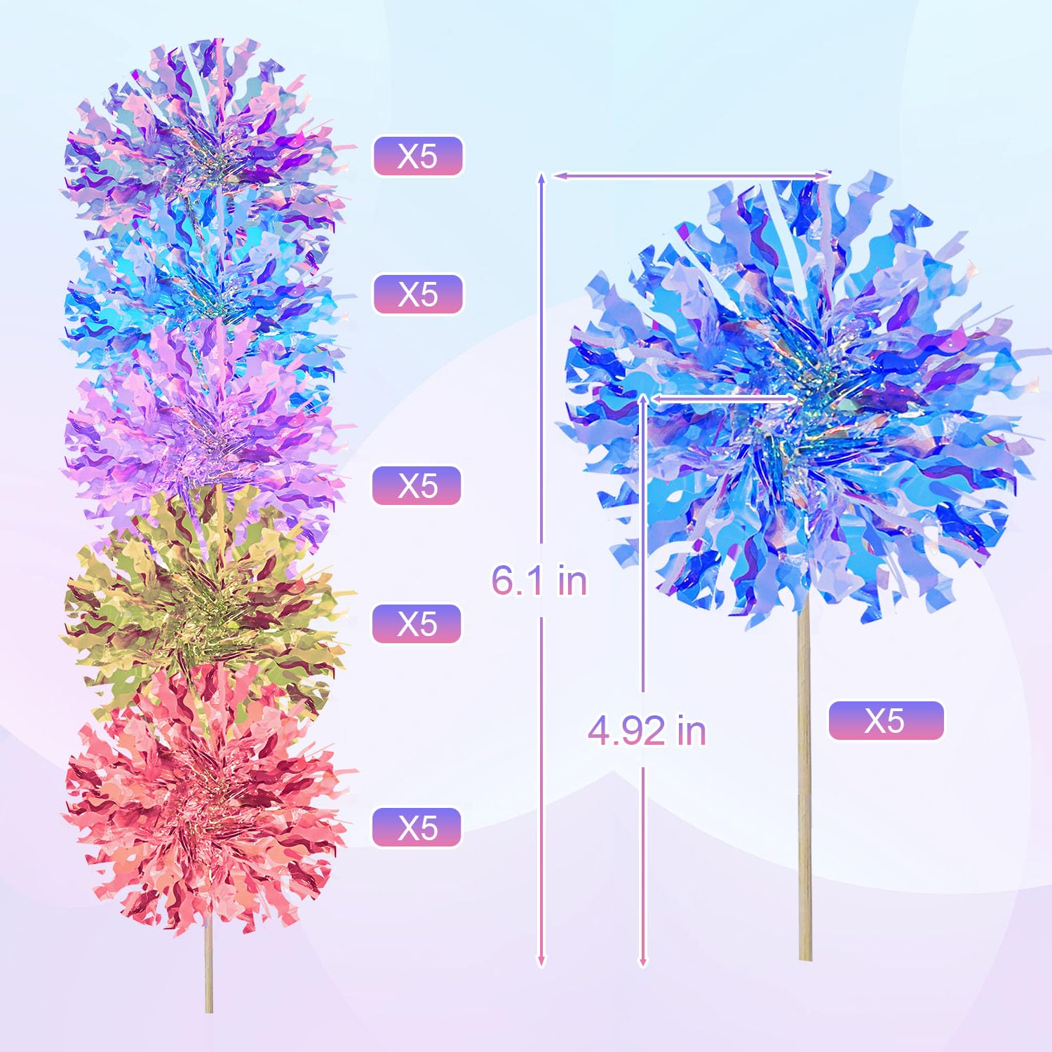 BlingABC 30Pack Foil Firework Cake Toppers, 6 Colors Sparkle Tinsel Cupcake Topper Cocktail Picks Decoration for Birthday Wedding Ceremony Party Supplies