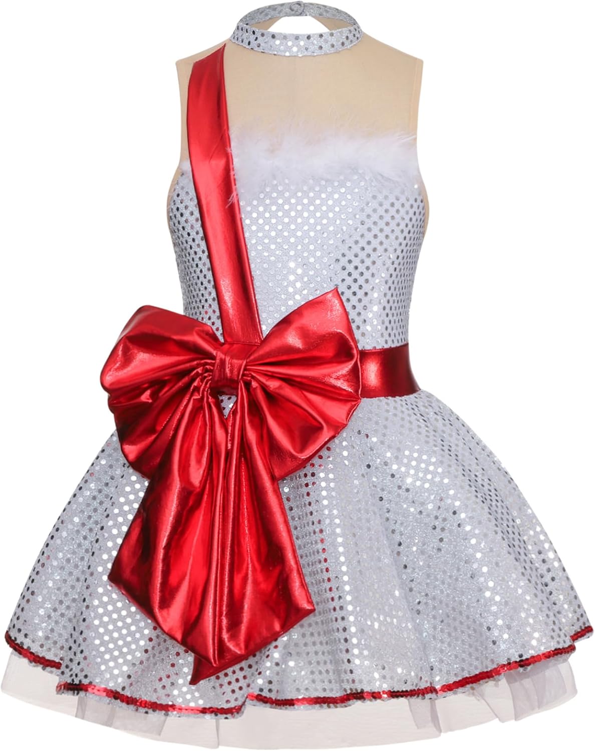Kids Girls Sleeveless Sequins Ballet Tutu Dress Figure Ice Skating Dress Christmas Dance Costume