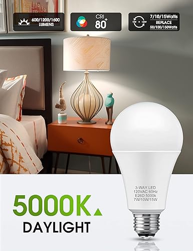 Miniatura 3 de LOHAS - Bombillas LED de 3 vías, paquete de 4, equivalente a 50100150 W, luz blanca diurna 5000 K, base A19 E26 para escritorio, piso, lámparas de