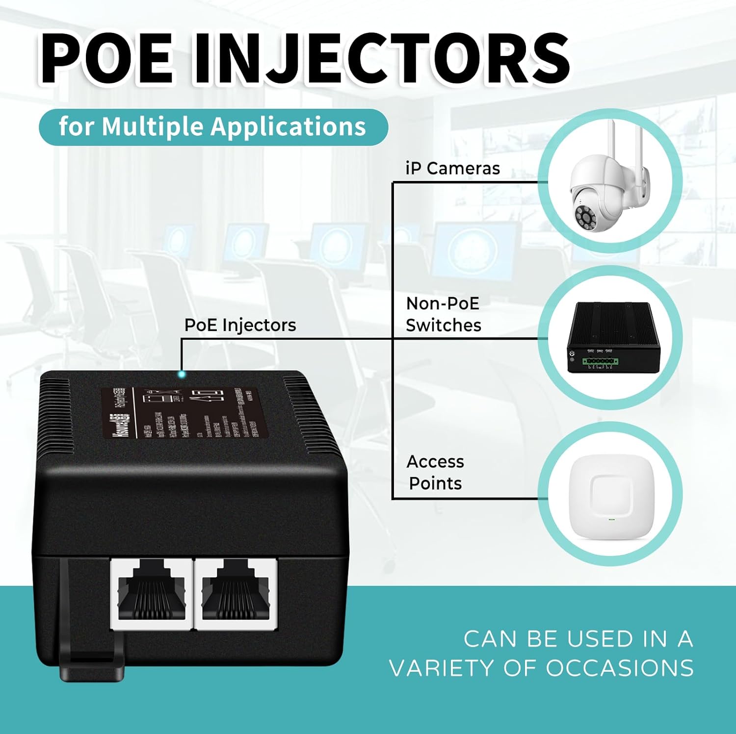 PoE Injector Up to 60w Power Supply, 2.5 Gigabit PoE Adapter for IP Cameras and VoIP Phones Network Distance Up to 328 ft. PoE Power Supply IEEE 802.3af Compliant Plug & Play Desktop UL Certified