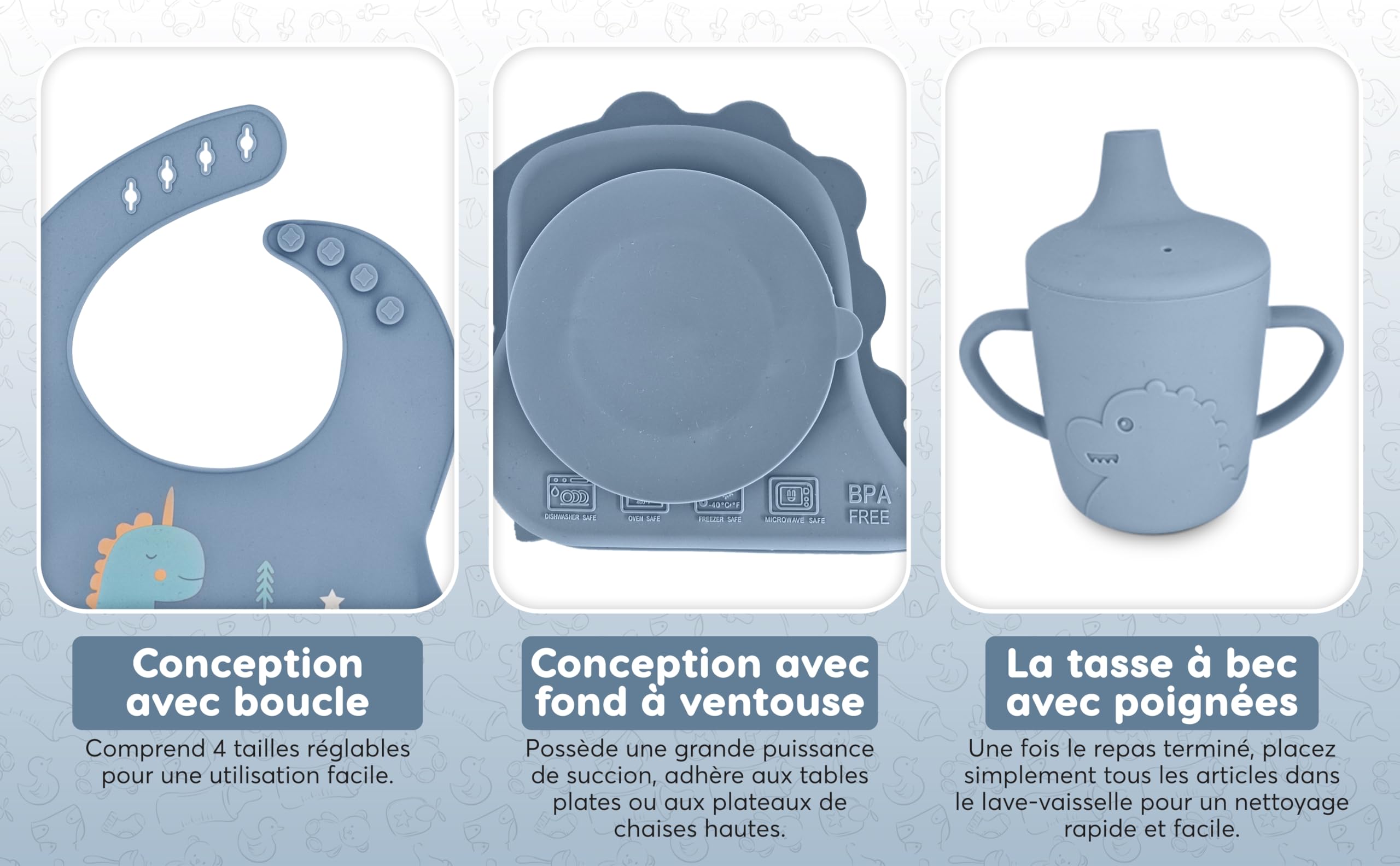 Set Repas Bébé 10 Pièces, Assiette Ventouse, Bol Cuillère, Bavoir Silicone, Couverts Vaisselle pour Sevrage Enfant