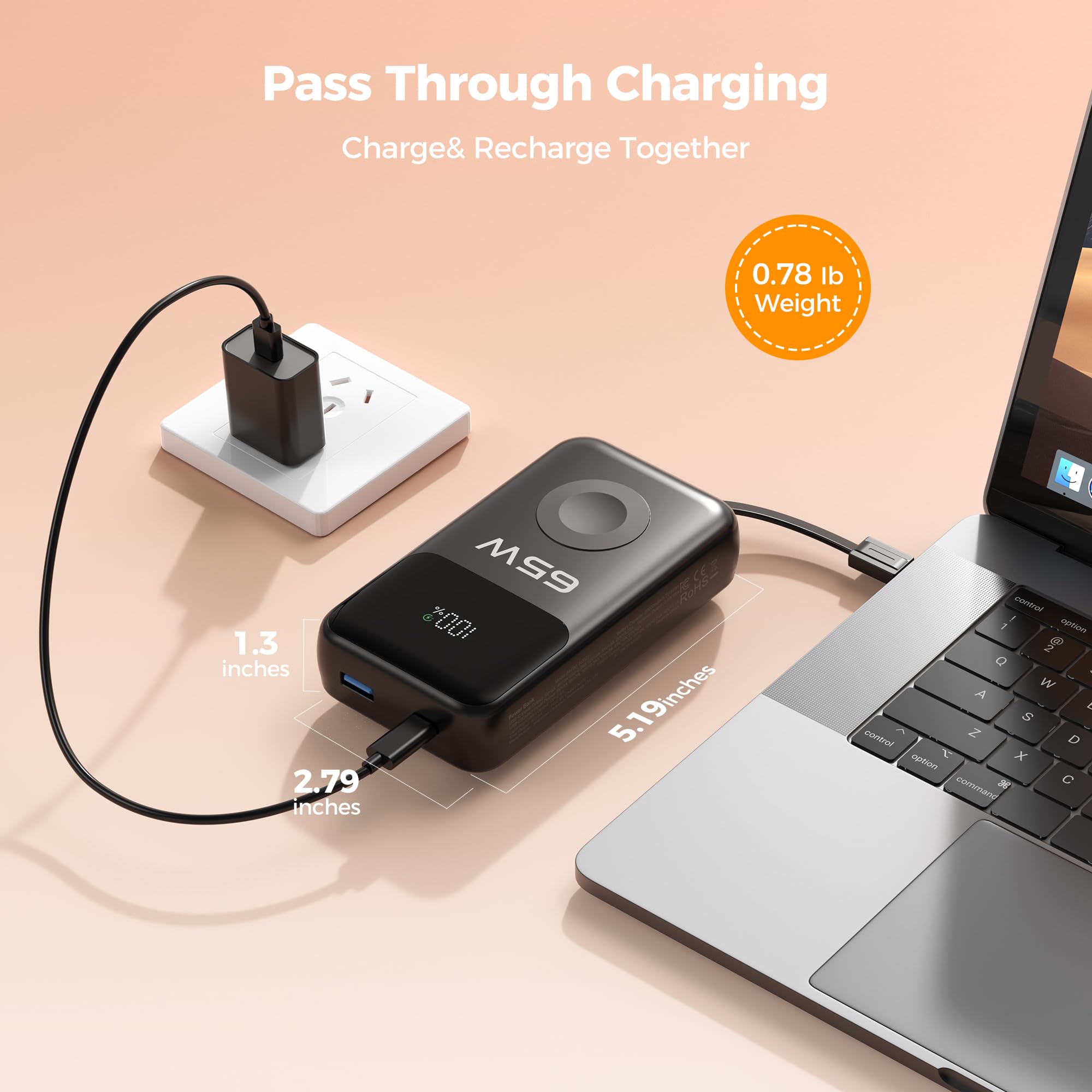 PANDUK 20000mAh 65W Banco de energía Cargador Portátil for Apple Watch, Batería Externa con Cables Integrados, USB-C de Carga Rápida con Pantalla LED para iPhone 17/16, Galaxy, iPad, Laptop,MacBook