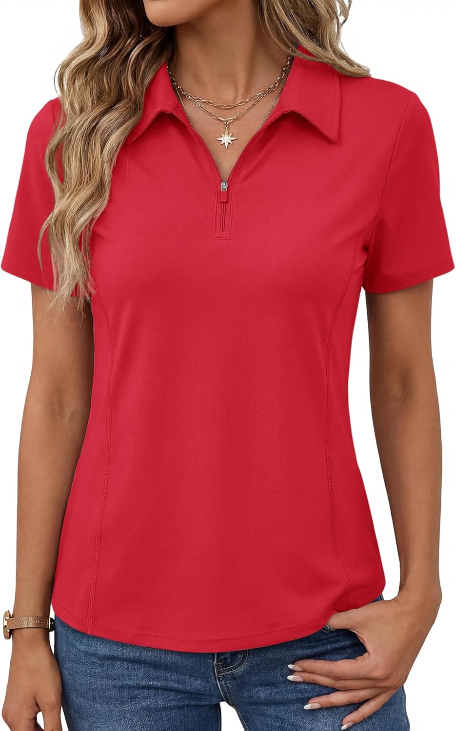 LOMON Women’s Short Sleeve Athletic Polo Shirt High Performance Stretch Quarter Zip Top for Golf Tennis