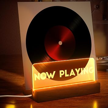 Cociat Lighting Now Playing Vinyl Record Stand, Wooden Rack with Acrylic Panel