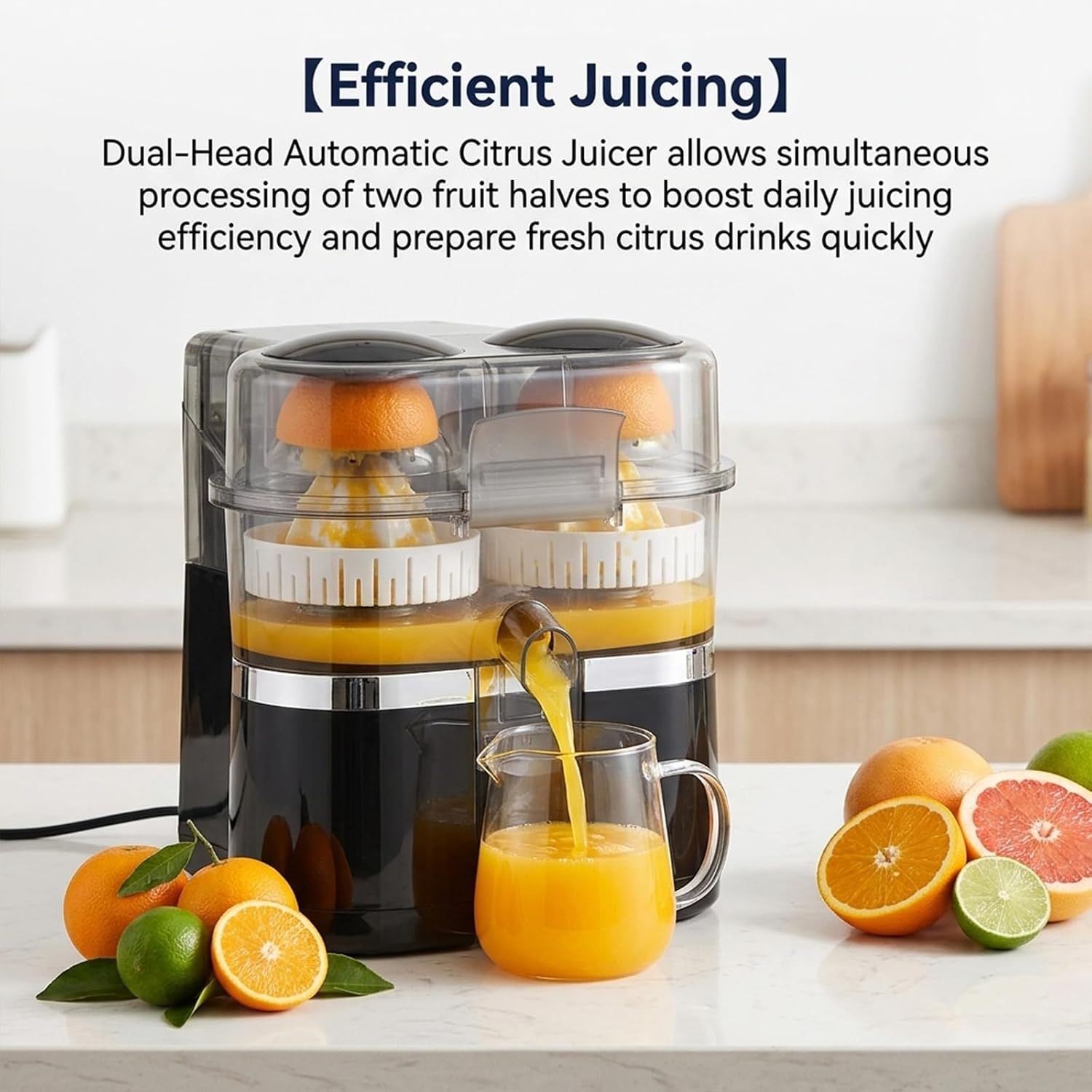 Dual-Head Automatic Citrus Juicer with Cleaning Brush — Dual-Head Electric Citrus Juicer, Detachable for Easy Cleaning, One-Touch Juicing, and 2-Speed Control for Kitchen Drinks (Black)