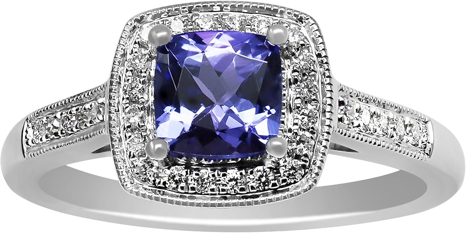 Genuine Tanzanite 1Ct With Diamond Ring in 14K White Gold. Size 7