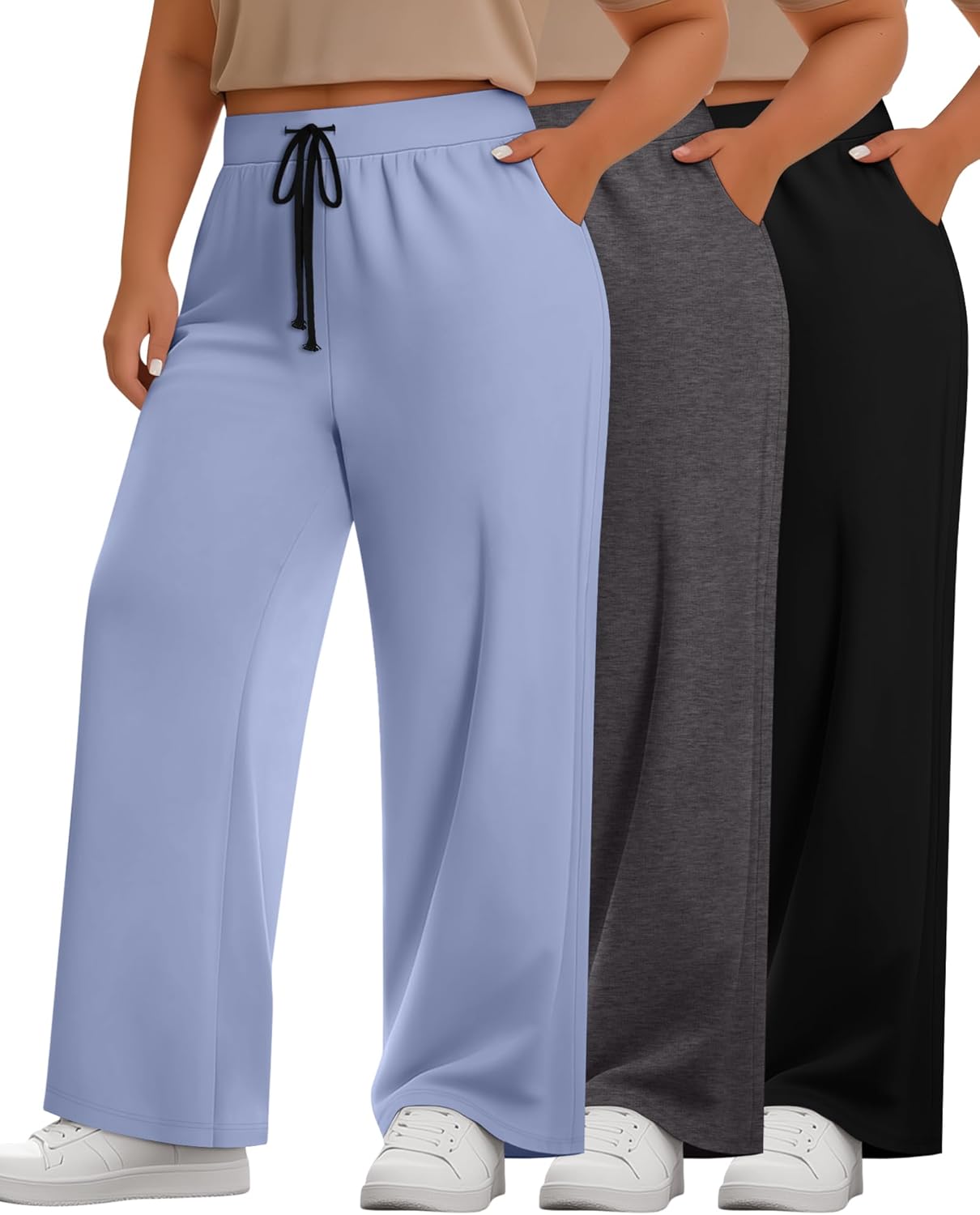 Neer 3 Pack Women's Plus Size Yoga Sweatpants Drawstring Lounge Pants with Pockets Baggy Loose Workout Open Bottom Joggers
