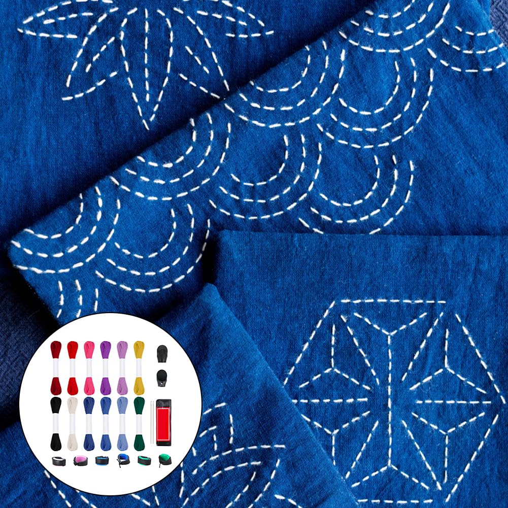 FREEBLOSS Sashiko Set (Varios Paquetes) Con Hilo De 12 Colores, 25 Agujas, 8 Dedales Ajustables Y Accesorios Para Coser A Mano Con Hilo Sashiko Y Agujas.