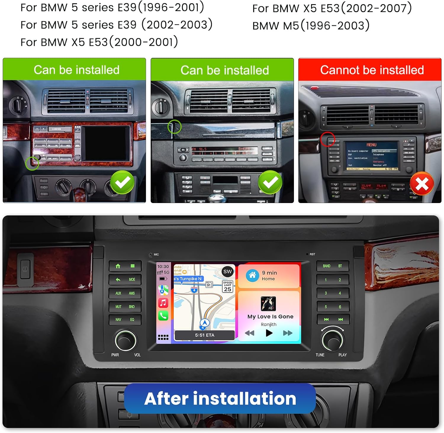 5Ghz WiFi 2G+64G Android 15 Radio for BMW 5 Series E39 1996-2003 (E39)/BMW X5 E53 2002-2007/BMW M5 1996-2003 with Wireless Carplay Android Auto, 7 Inch HD Touch Screen with GPS Bluetooth FM/RDS