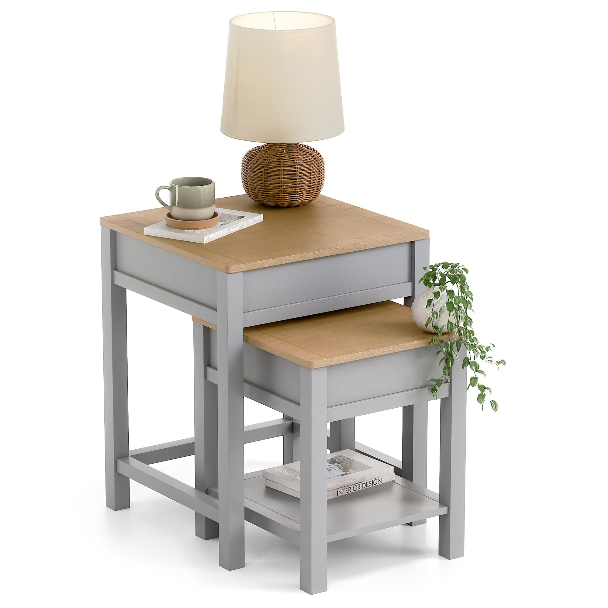 CHRISTOW Nest of Tables with Storage, Set of 2 Side Tables with Removable Oak-Effect Tops, Space-Saving Nesting Design for Living Room, Sturdy MDF with Matte Painted Grey Finish, H53 x W43 x D41cm