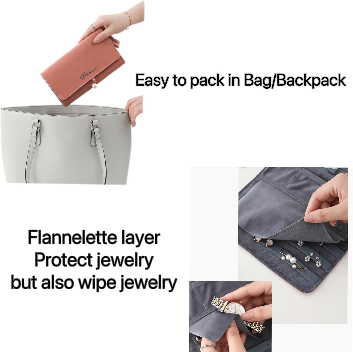 Travel Jewelry Case Organizer, Jewelry Box for Women,1 Piece Travel Jewelry bag With 2 Pieces Pocket Makeup Bag for Necklaces, Rings, Earrings, Bracelets (Beige)