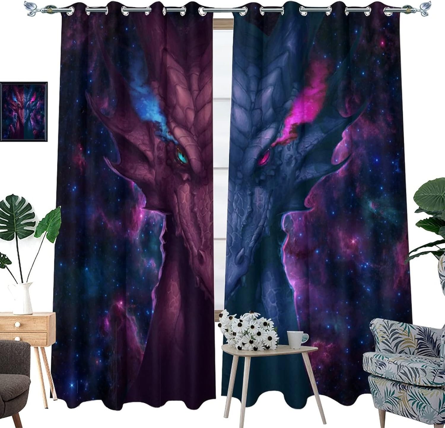 Fantasy Galaxy Dragon Ultra Soft Premier Blackout Curtains,Anime Watercolor Starry Sky Planet Dragon DesignThermal Insulated Bedroom Noise Reducing Patio Door Grommet Top,2 Panels 45L x 21W