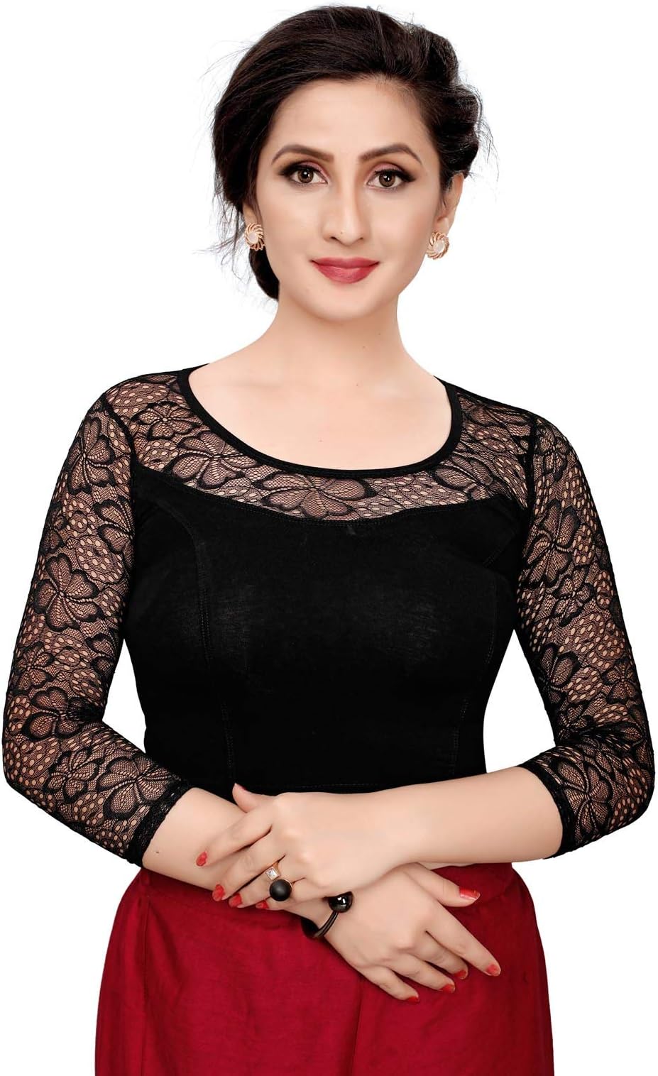 KANCHNARWomen's Cotton Plain 3/4 Sleeve Blouse (47TK117_Black_Free Size)