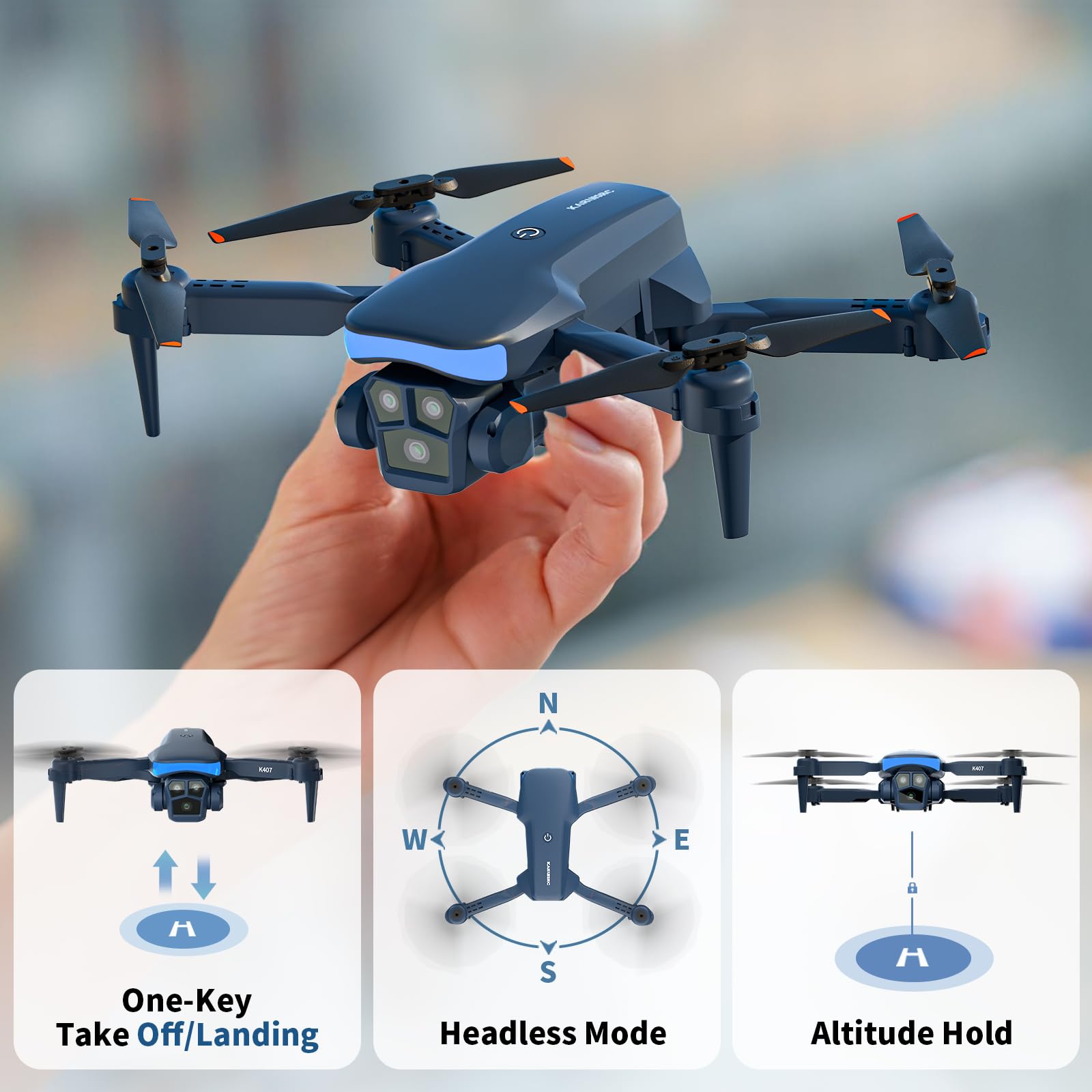 K407 Drone con telecamera 1080P per adulti, obiettivo regolabile a 135°, droni pieghevoli con decollo/atterraggio con un solo pulsante per principianti, quadcopter FPV RC con 3D Flip, 2 Batterie