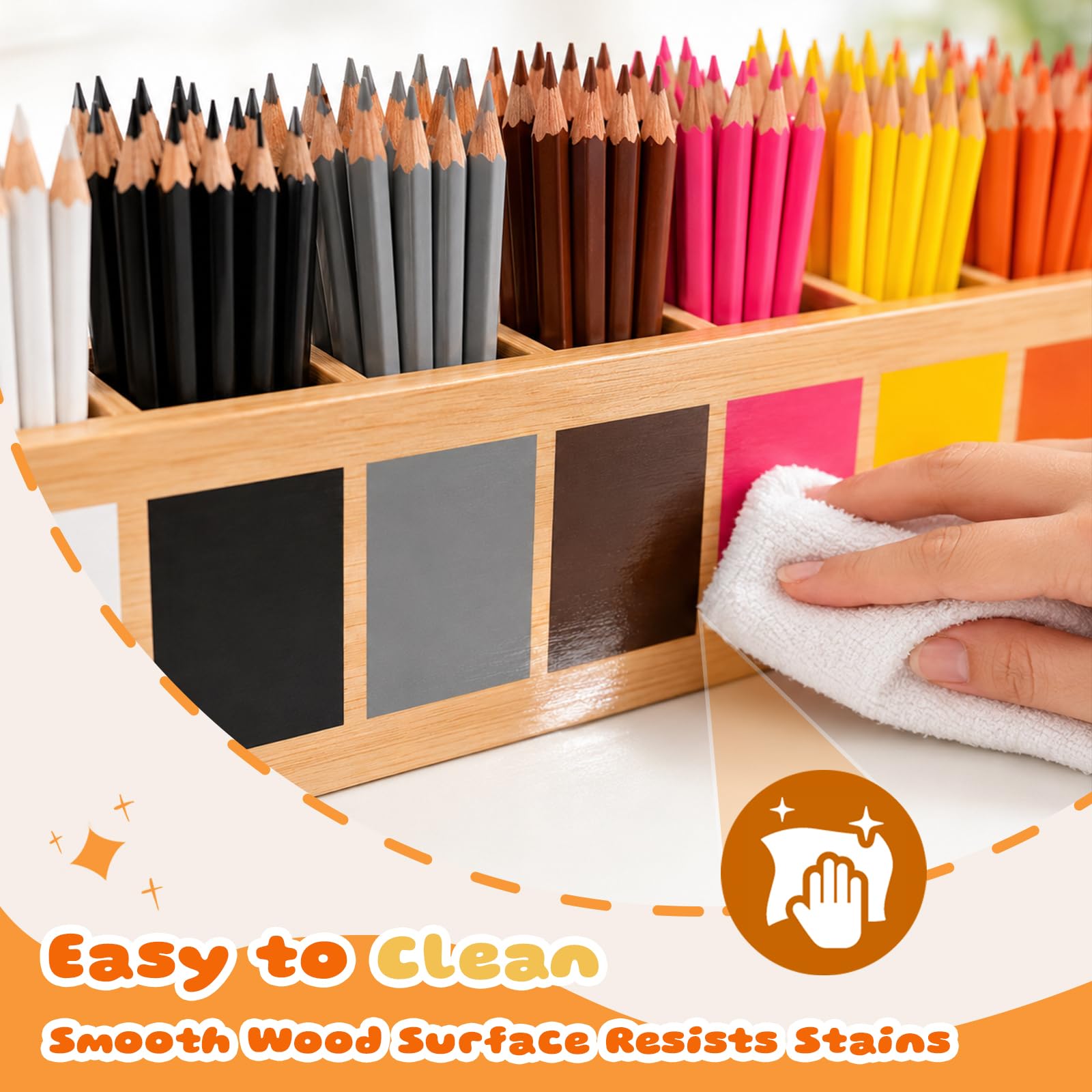 Pot à Crayons de Couleur en Bois 73 x 8 x 9 cm, Montessori Pot à Crayon Bois Massif à 11 Compartiments Rangement de Bureau pour Crayons de Couleur et Pinceaux, Idéal pour École Bureau Maison