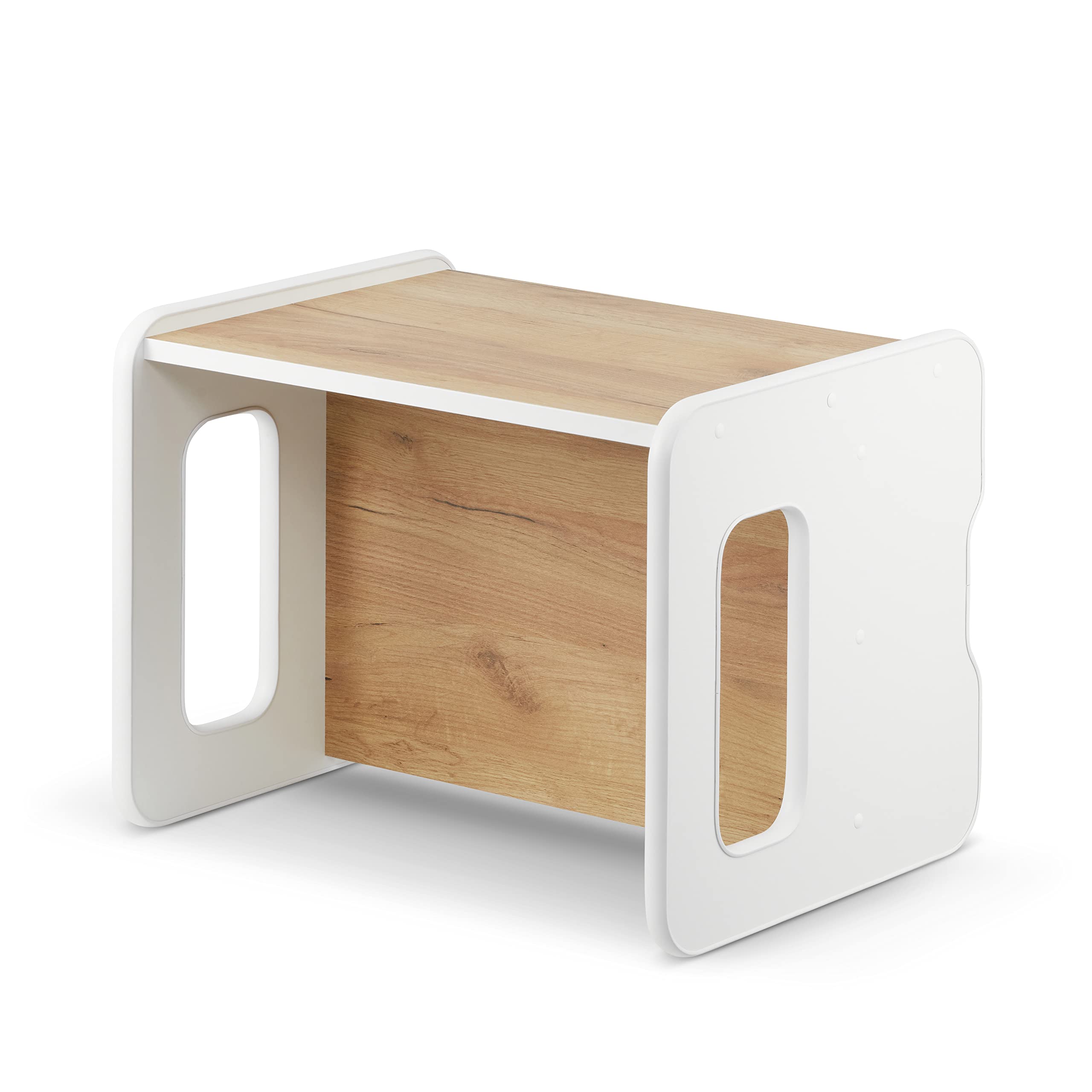 defiPad Panca per bambini multifunzione in legno con 2 altezze e funzione tavolino (Bianco + Rovere)