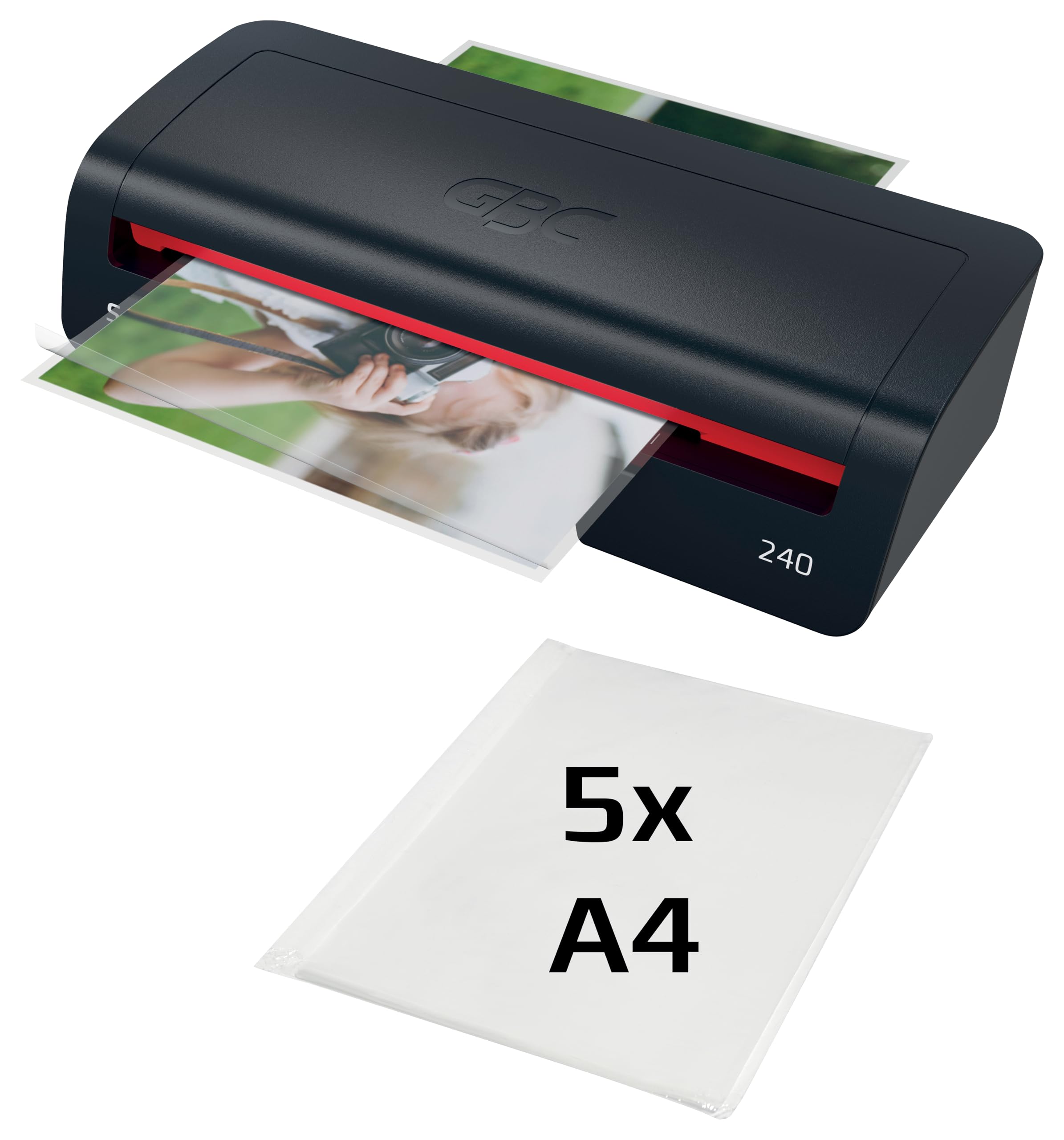 GBC 240 Home Office Laminator A4 – Szybkie nagrzewanie w 2 minuty, 75–125 mikronów, funkcja przeciw zacięciom, auto wyłączanie, zawiera 5x folii A4, czarno-czerwony, 4410068EU