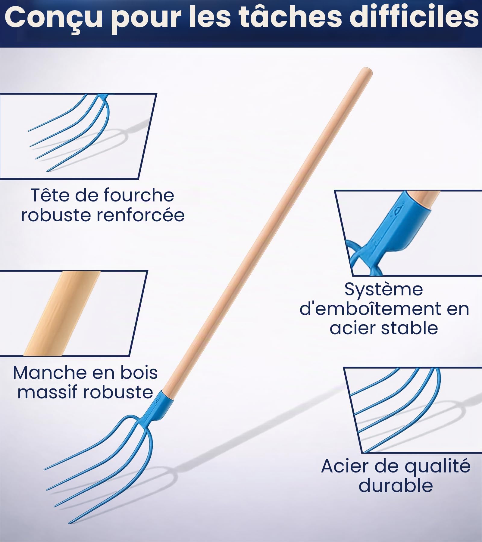Fourche à foin, fourche à fumier, fourche 4 dents pour jardin avec manche 115 cm, forche pour écurie, ferme en acier de haute qualité, fourche à fumier robuste pour le jardinier et