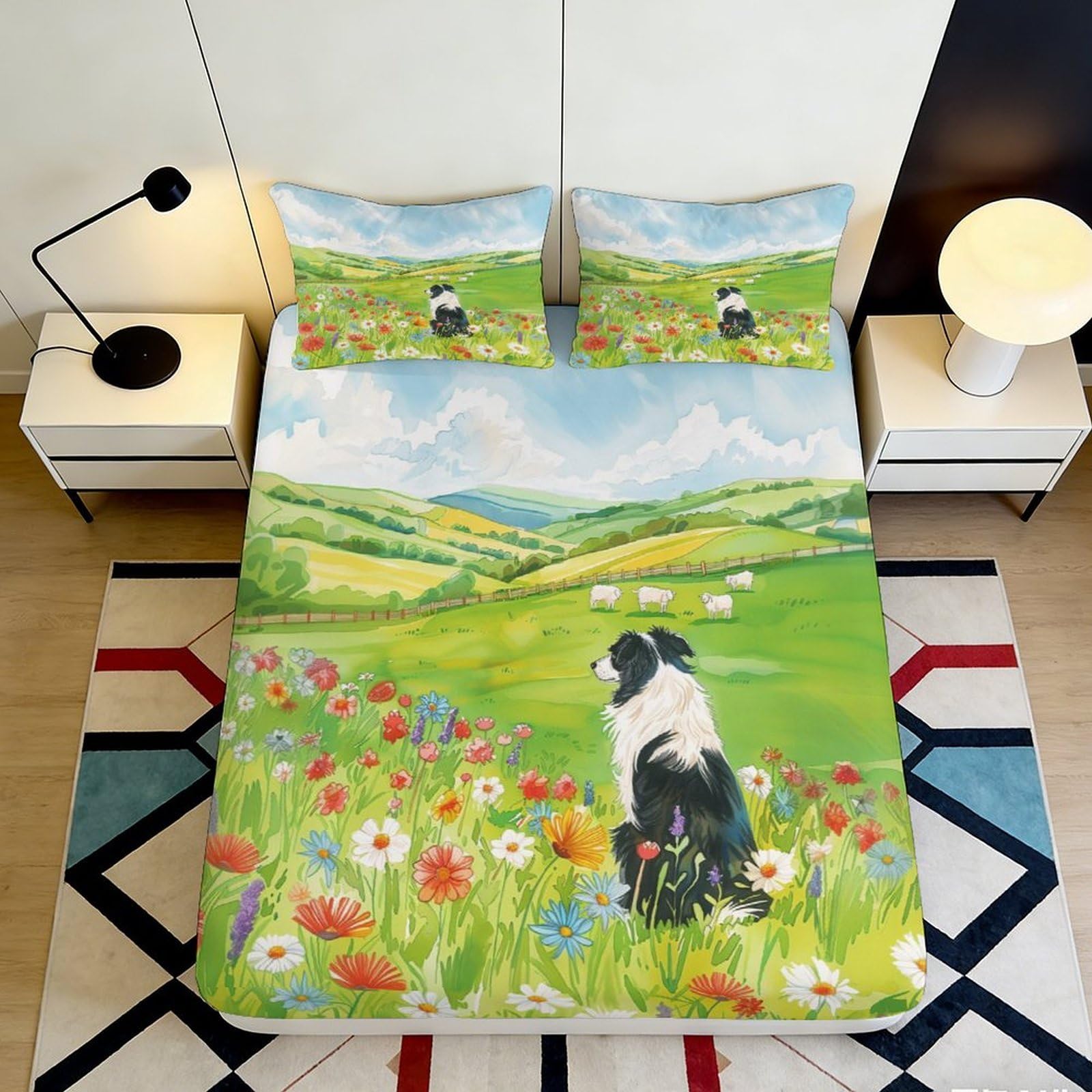 3D Printed Countryside Meadow Fitted Sheet Microfiber Soft Floral Border Collie Mattress Cover for Bedroom Guest Room Decor 90x200x25cm