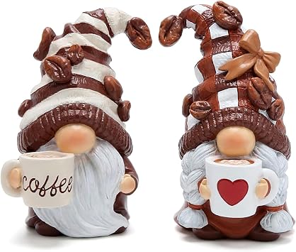 Hodao 2PCS Coffee Gnome Figurines with Mug, Coffee Bar Accessories, Resin Statues for Kitchen Tiered Tray & Farmhouse Shelf, Indoor Outdoor Home Decor, Unique Gnome Gift for Women