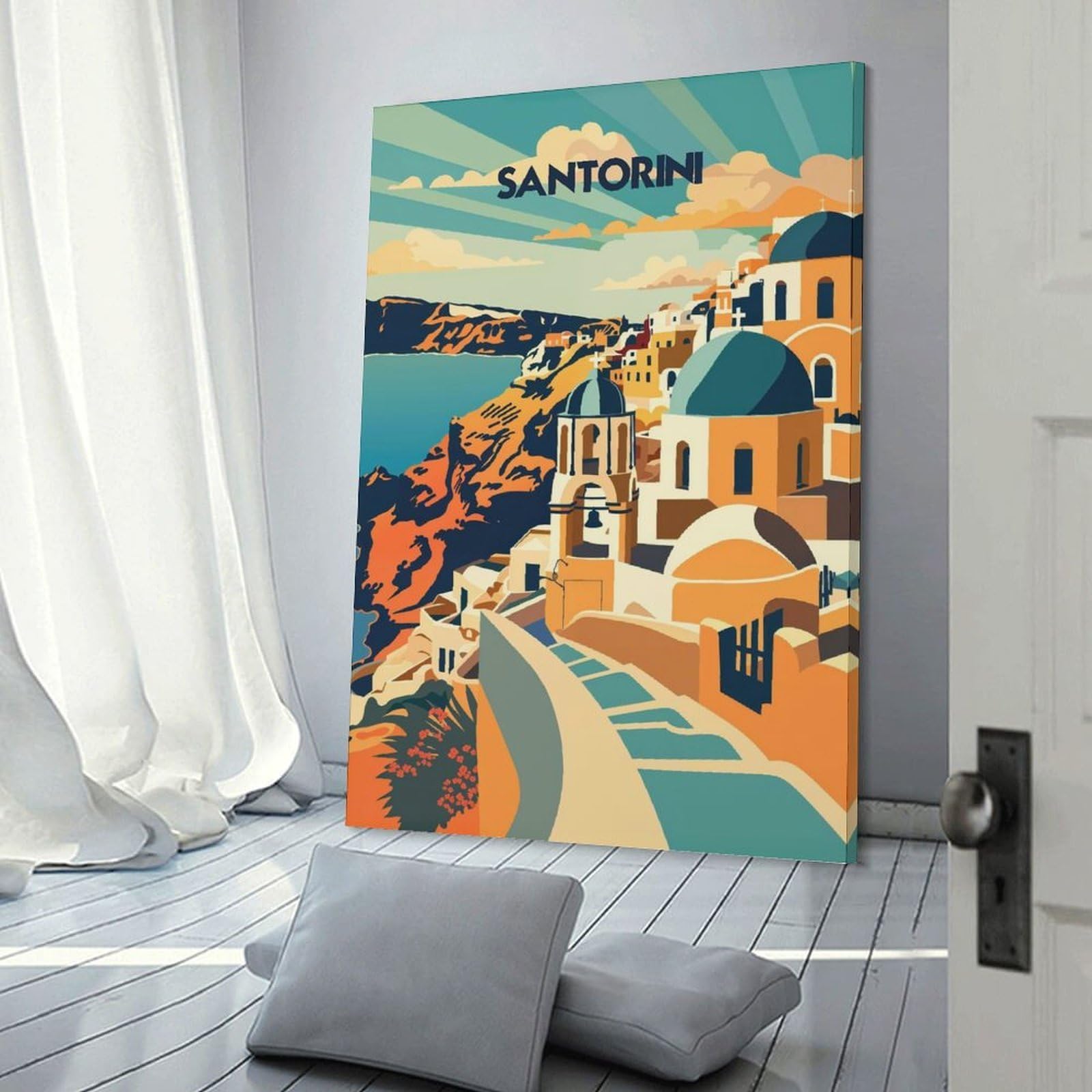 Junmoney Santorini Sunlit Domes Canvas Wall Picture 24x36inch(60x90cm), for Entryway, Lounge Links Or Small Walls, Decorative Canvas Styling for Entry Areas