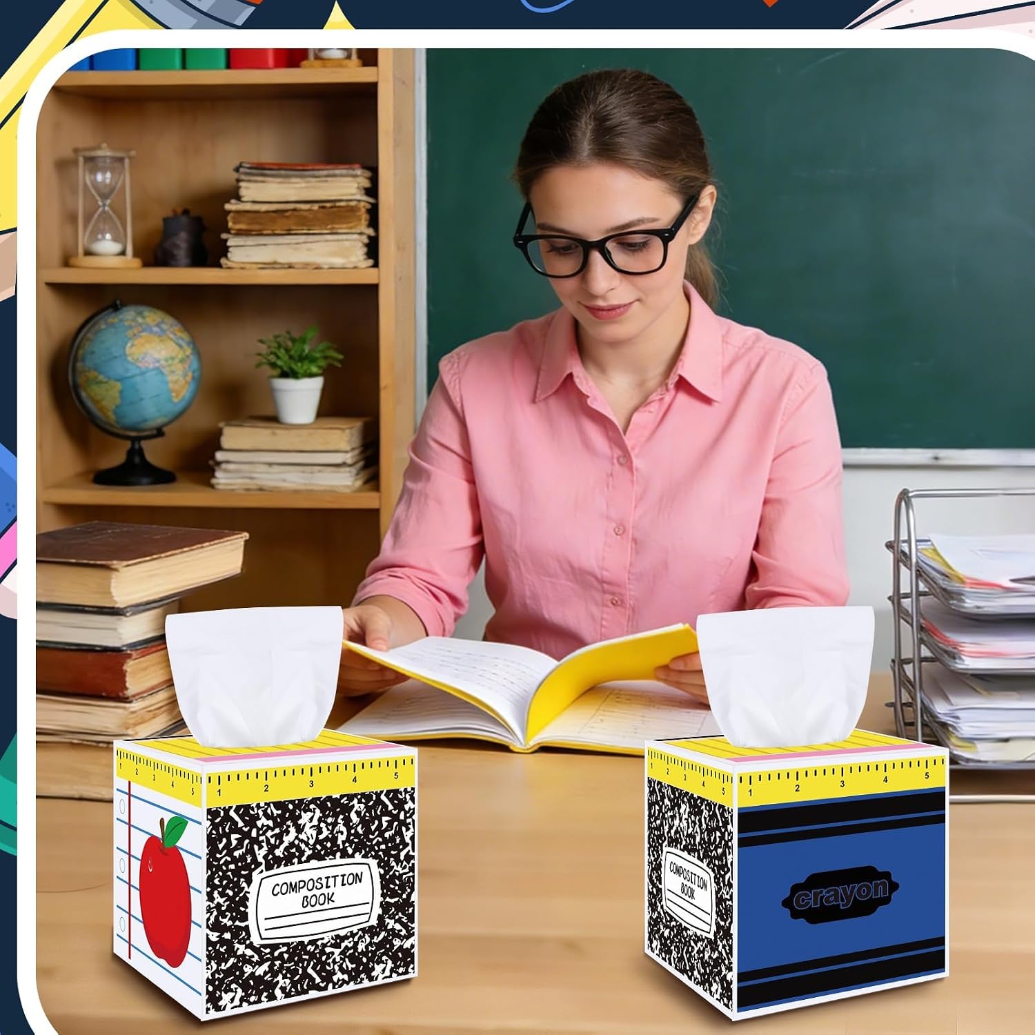 2 Pack Wooden Classroom Back to School Gift Tissues Boxes | 5.5"x5.5" Wooden Square First Day of School Themed Tissue Holder Dispenser Paper Case for Teacher Students Gifts Office Desk
