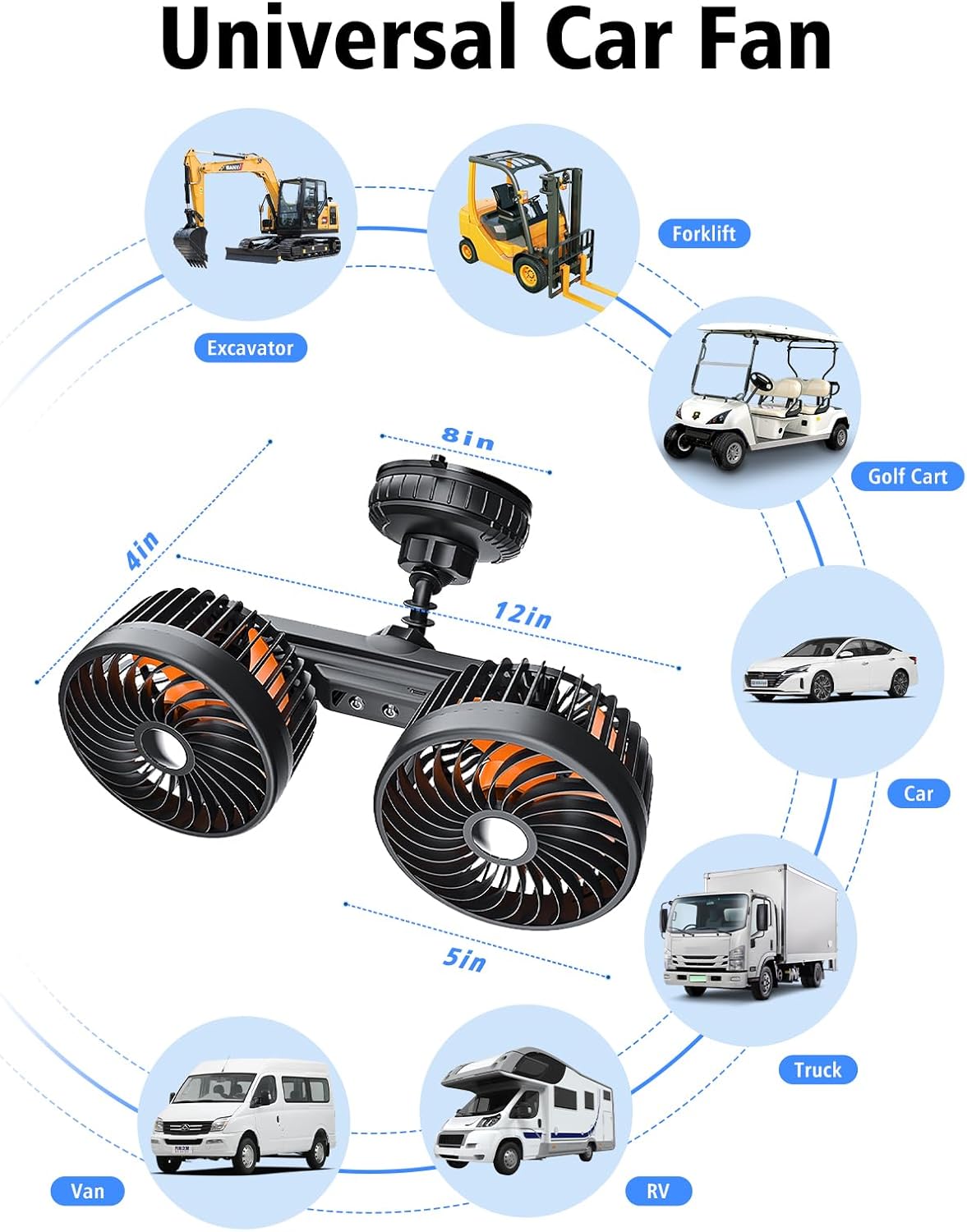 Dual Head Suction Cup Car Cooling Fan for Window Dashboard, 4000Mah Battery Powered Rechargeable USB Car Fans That Blow Cold Air, Cooler for Semi Truck Rv Van Tractor Cab Vehicles without Ac