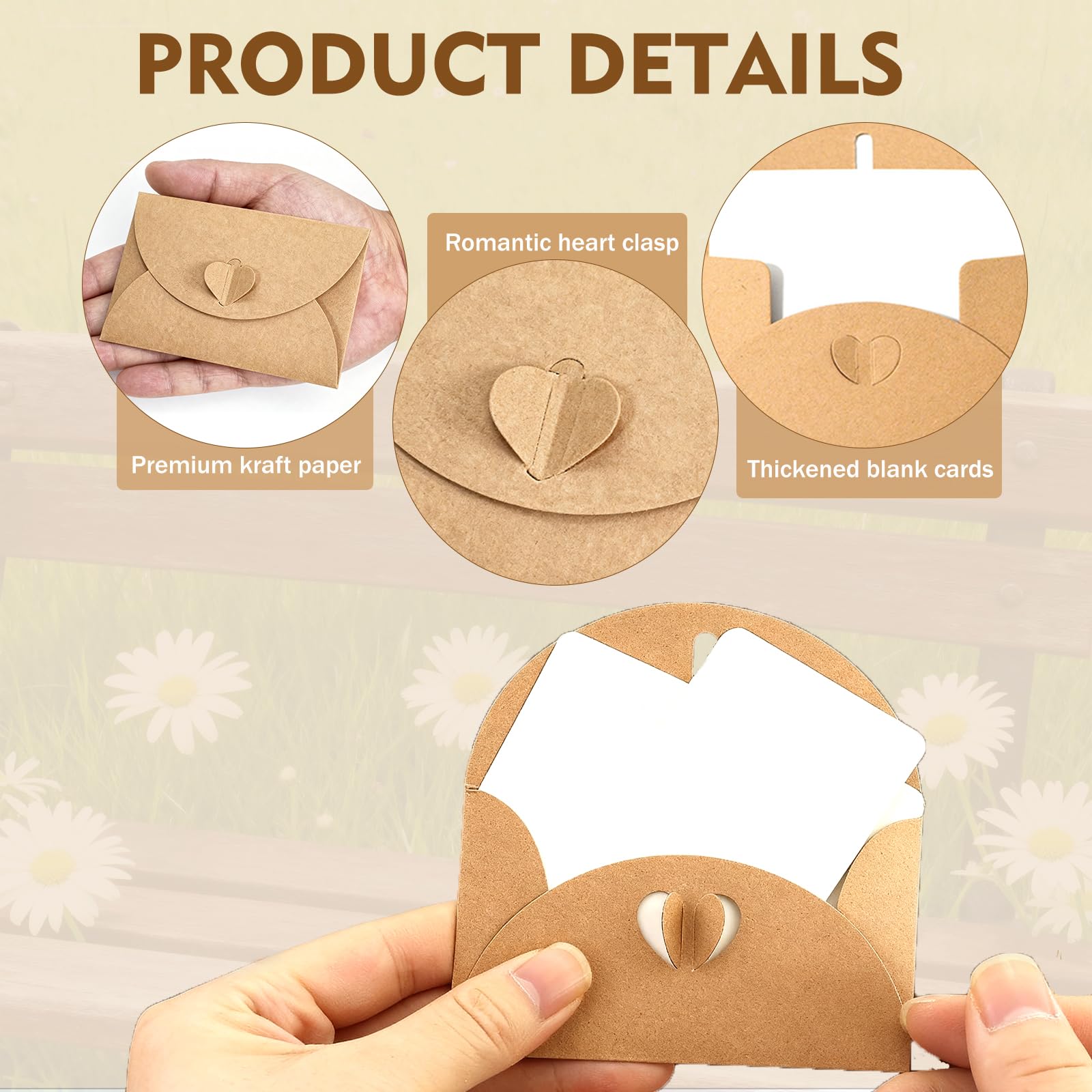 60 Pièces Mini Bustes in Carta Kraft con 60 Biglietti Bianchi, Buste con Chiusura a Cuore per Regalo, Feste, Matrimonio, Natale