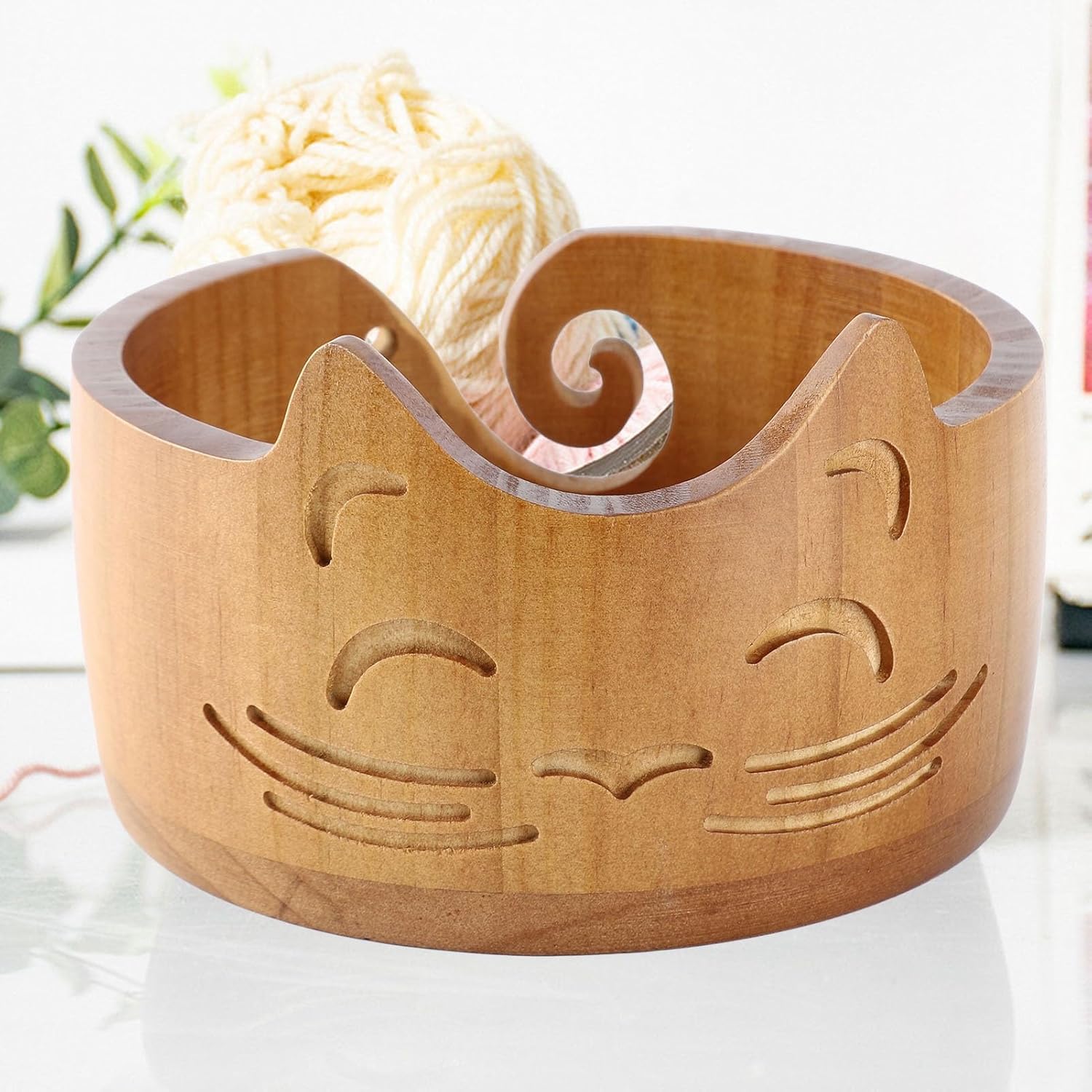 Wooden Cat Yarn Bowl, Yarn Bowl Wooden Cute Cat Shape Holder Dispenser Crochet Organizer Storage Supplies for DIY Knitting and Crochet (18 * 18 * 10cm)