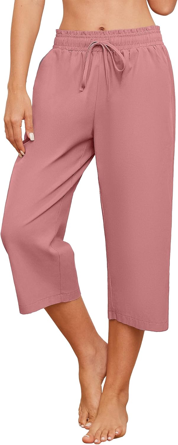 Larmliss Womens Capri Pants Loose Wide Leg Drawstring Elastic Waist Casual Lounge Cropped Pants with Pockets Pink - Image 3