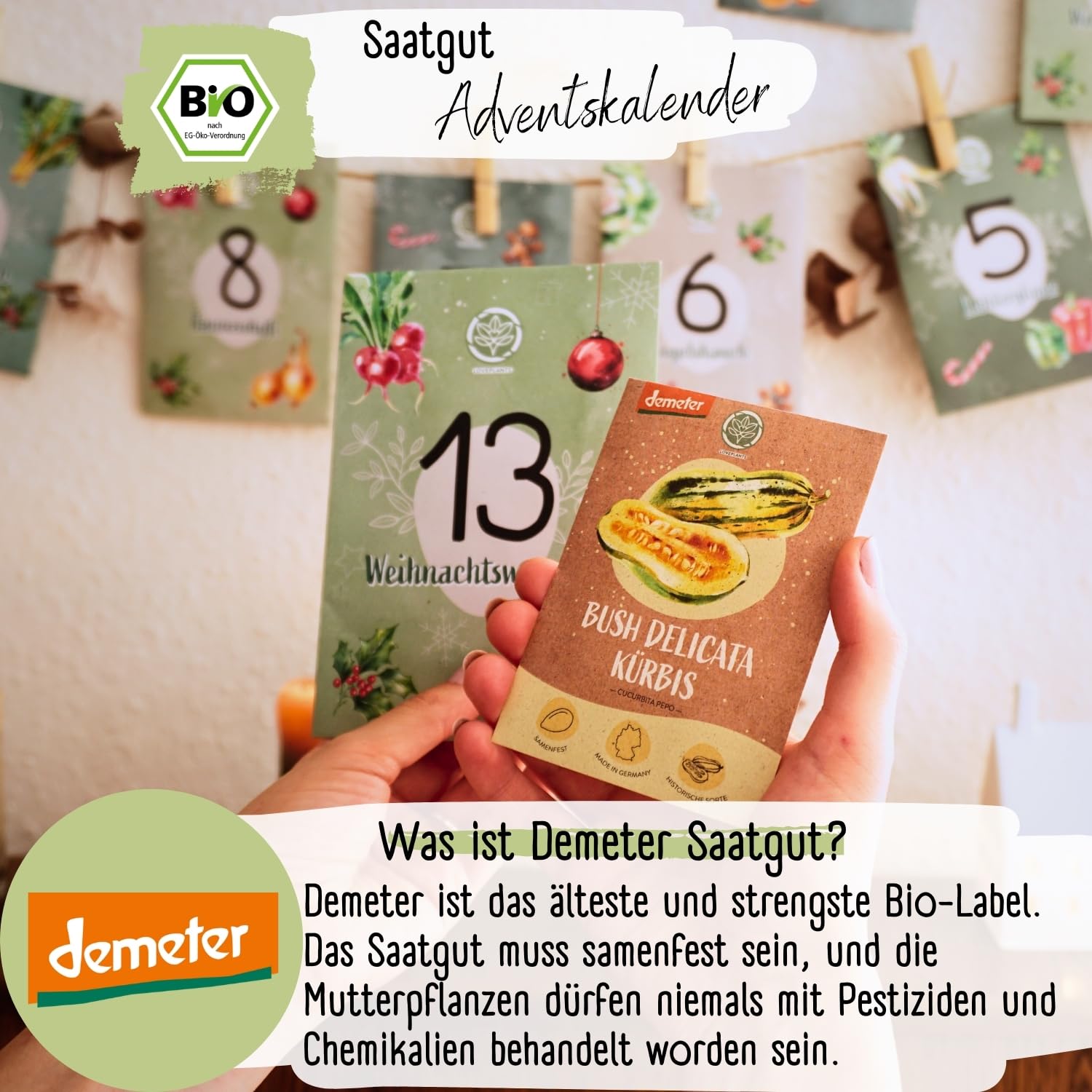Bio Saatgut Adventskalender 2026 – mit 24 Sorten Demeter Gemüse Samen | DIY Kalender von Loveplants mit Klammern, Umschläge & Schnur | Geschenk für Gartenliebhaber, Gartenfreunde & Gärtner