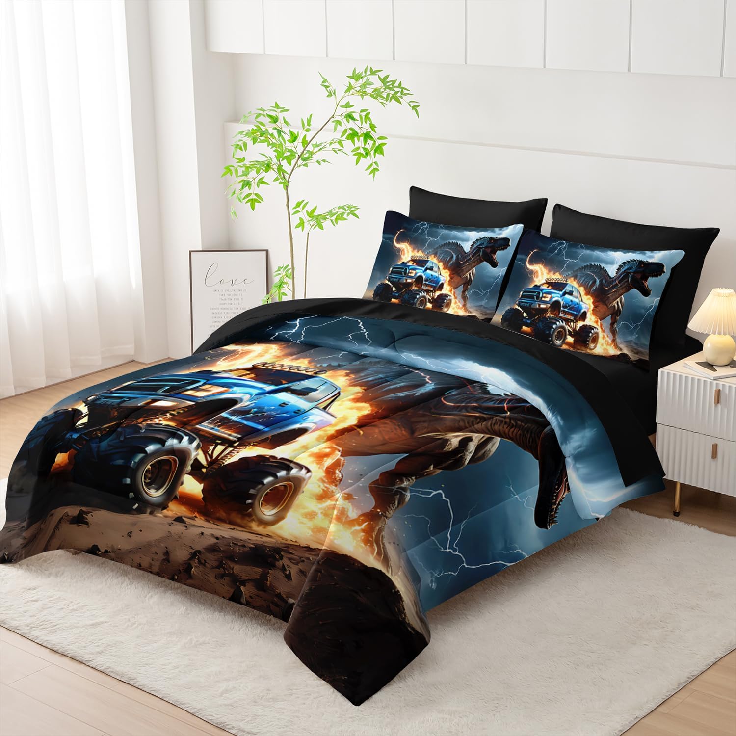 AILONEN Boys Dinosaur Comforter Set Twin,7Pcs Cartoon Monster Truck Bed in a Bag for Kids,Soft Breathable,3D Printed Comforter & Fitted Sheet with Flat Sheet & 2 Pillowcases,2 Pillow Shams,Black