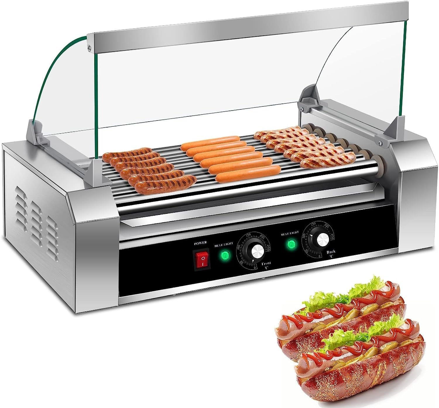 18 Hot Dog 7 Roller w/Cover,1050W Electric Grill Cooker Machine w/Dual Temp Control,Detachable Drip Tray,Sausage Grill Cooker for Kitchen