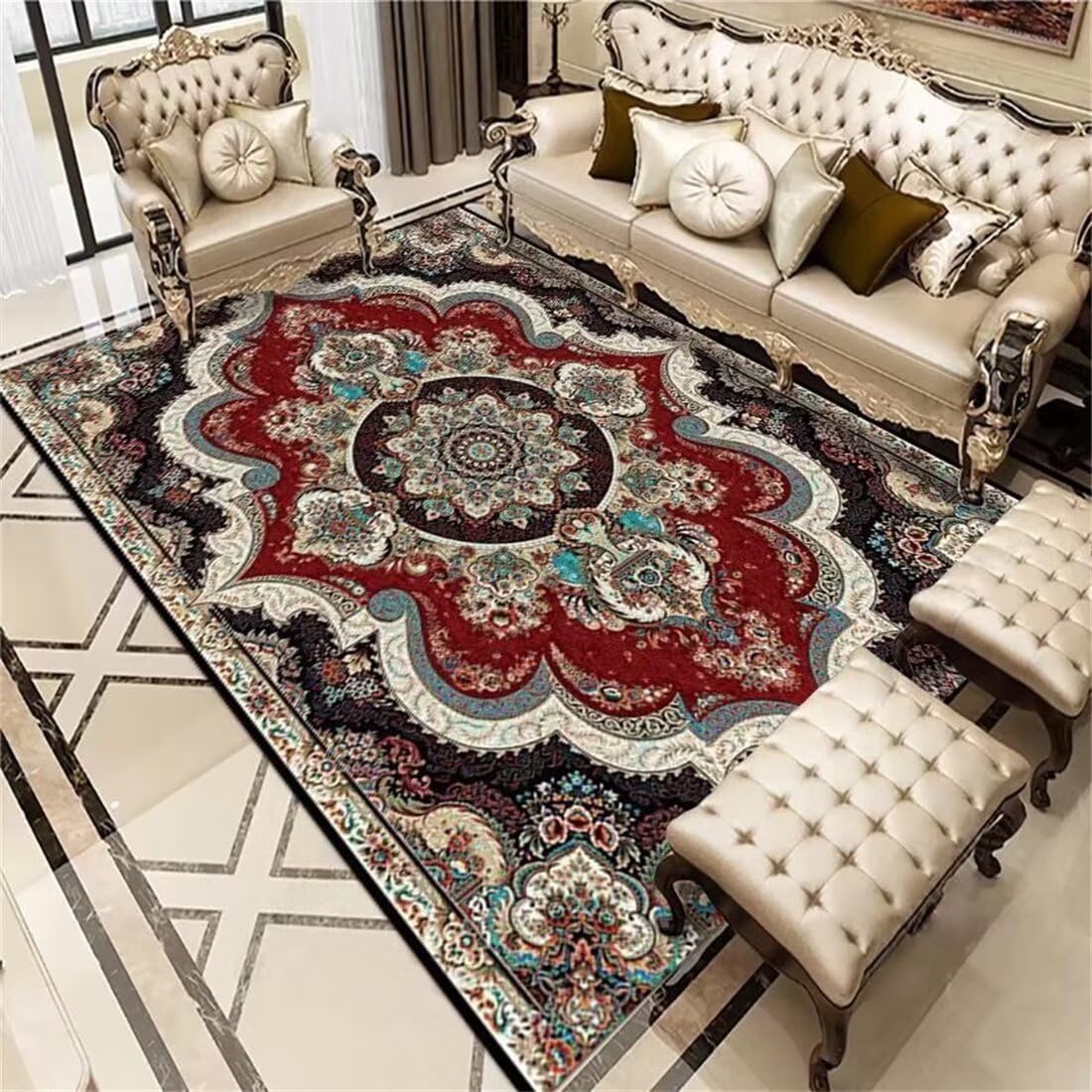 Tapis de lit anti-bruit rectangulaire motif floral rouge vintage 180X280CM