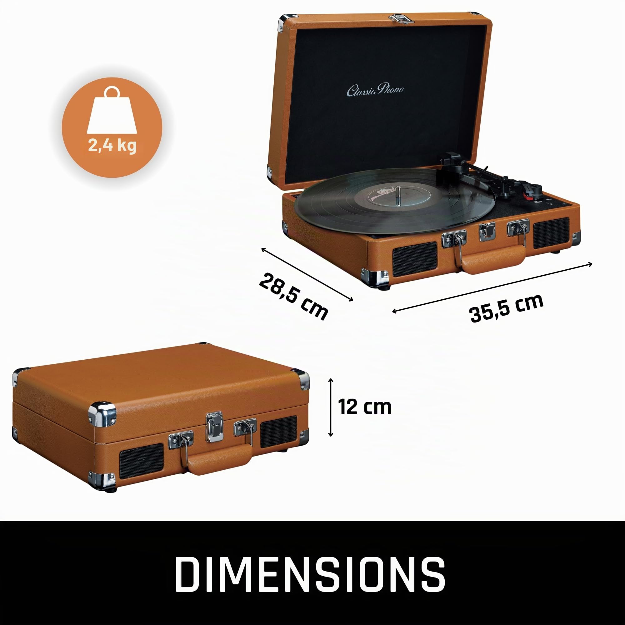 Lenco Classic Phono TT-10BN - Platine Vinyle Valise - Haut-Parleurs - Fonction arrêt automatique - 3 vitesses - Entraînement par courroie - AUX - Sortie ligne - Marron