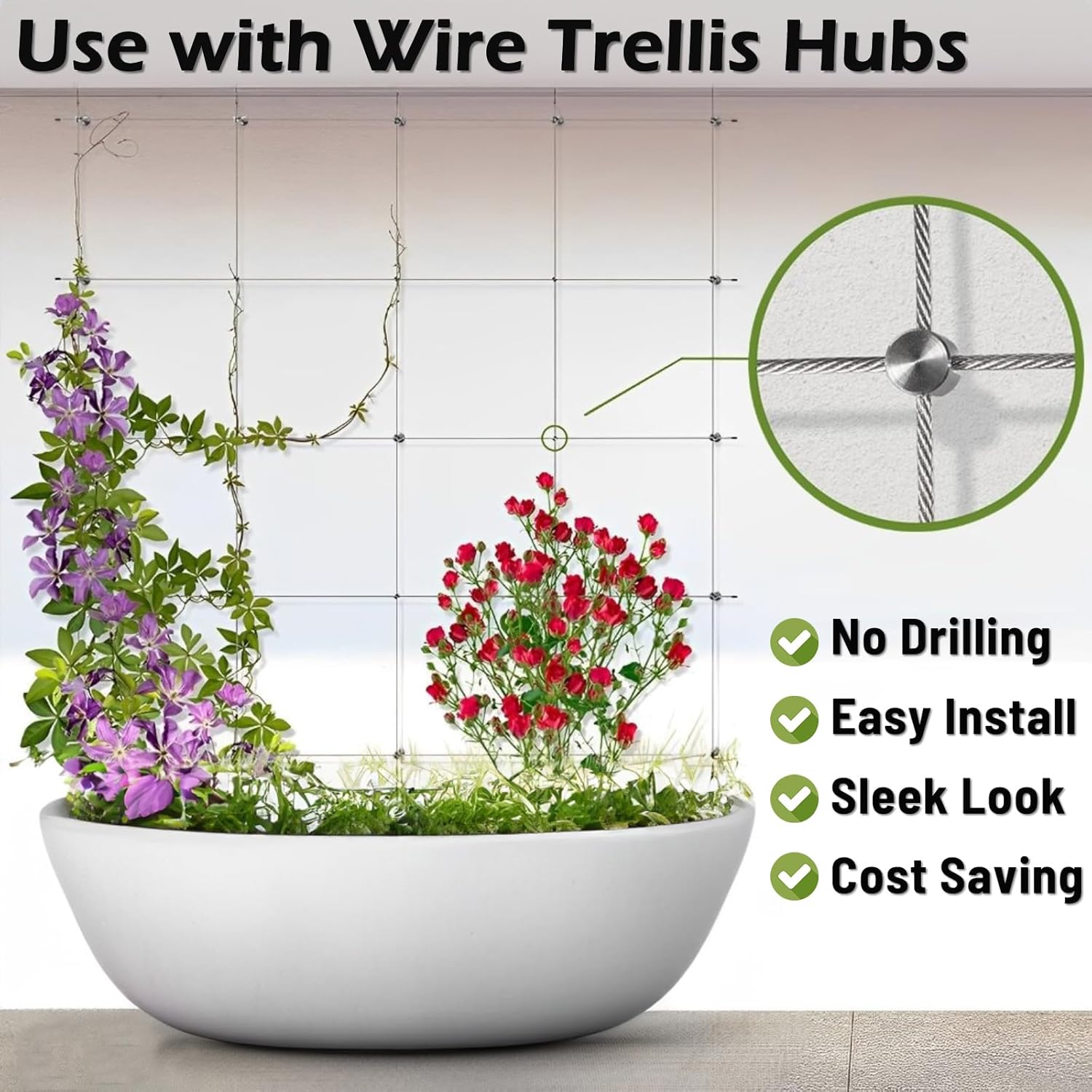 20Pcs Heavy Duty Cross Cable Clamp + Cutter + 20Pcs Black Cylindrical Standoffs + 65ft Vinyl Coated Cable | Acemaker Wire Trellis for Climbing Plants Outdoor