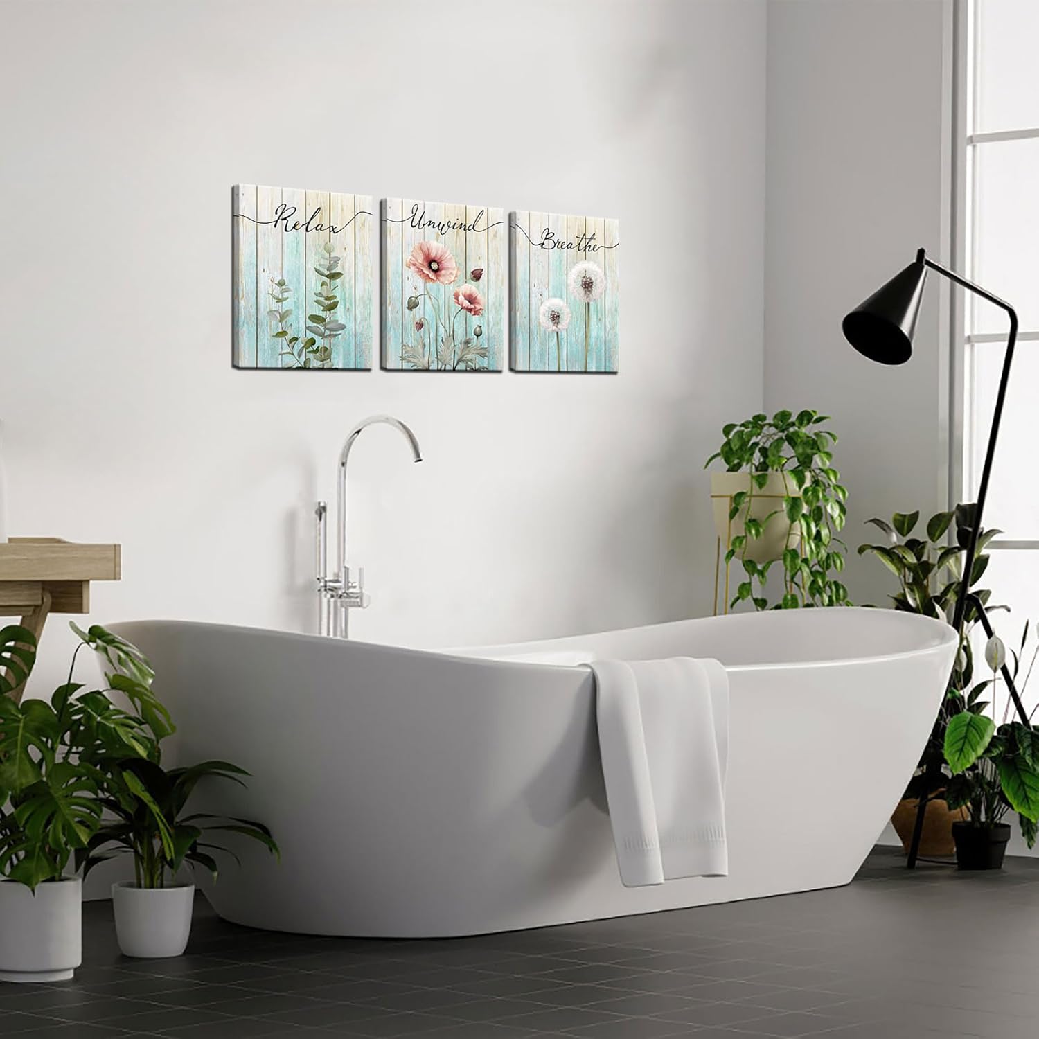 iHAPPYWALL 3 Pieces Botanical Bathroom Wall Art Relax Unwind Breathe Rustic Farmhouse Wooden Signs for Bathroom Home Spa Room Decor Ready to Hang 12x16inchx3pcs