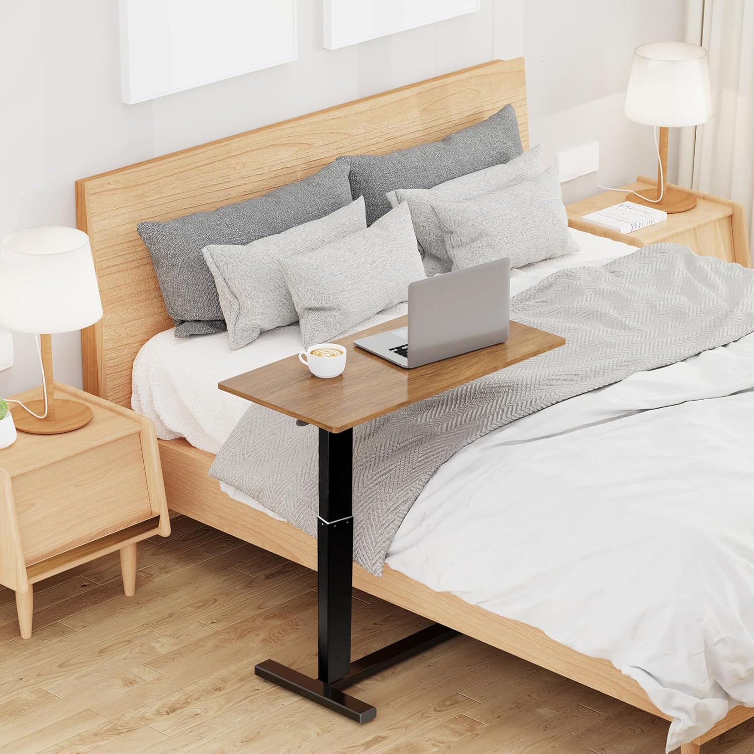 FATIVO Mesa Auxiliar Cama con Ruedas: Mesa Lateral Móvil Portátil en Forma de C de Madera y Metal de Altura Ajustable para Salón Sofá Oficina Mesa de Comer Médica Hospital