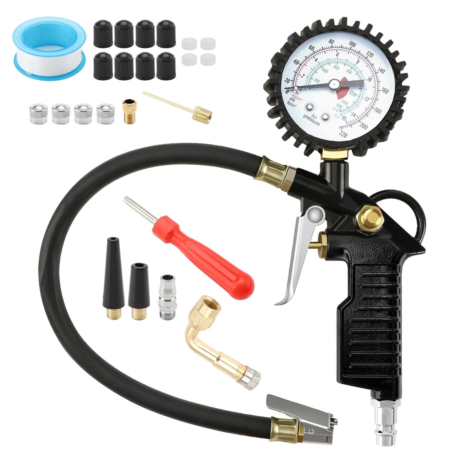 Manomètre Numérique Pression Pneus 220PSI - Pistolet Gonfleur Portable Avec Accessoires