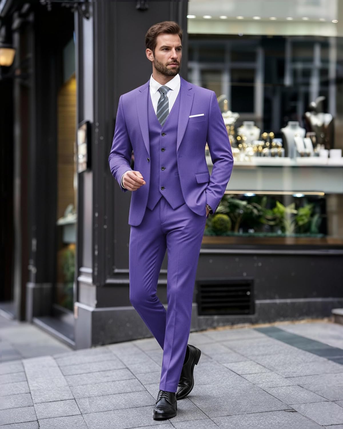 EastSide Men's Slim Fit 3 Pieces , One Button Sets Vest Pants Coat Suit, Purple, Small