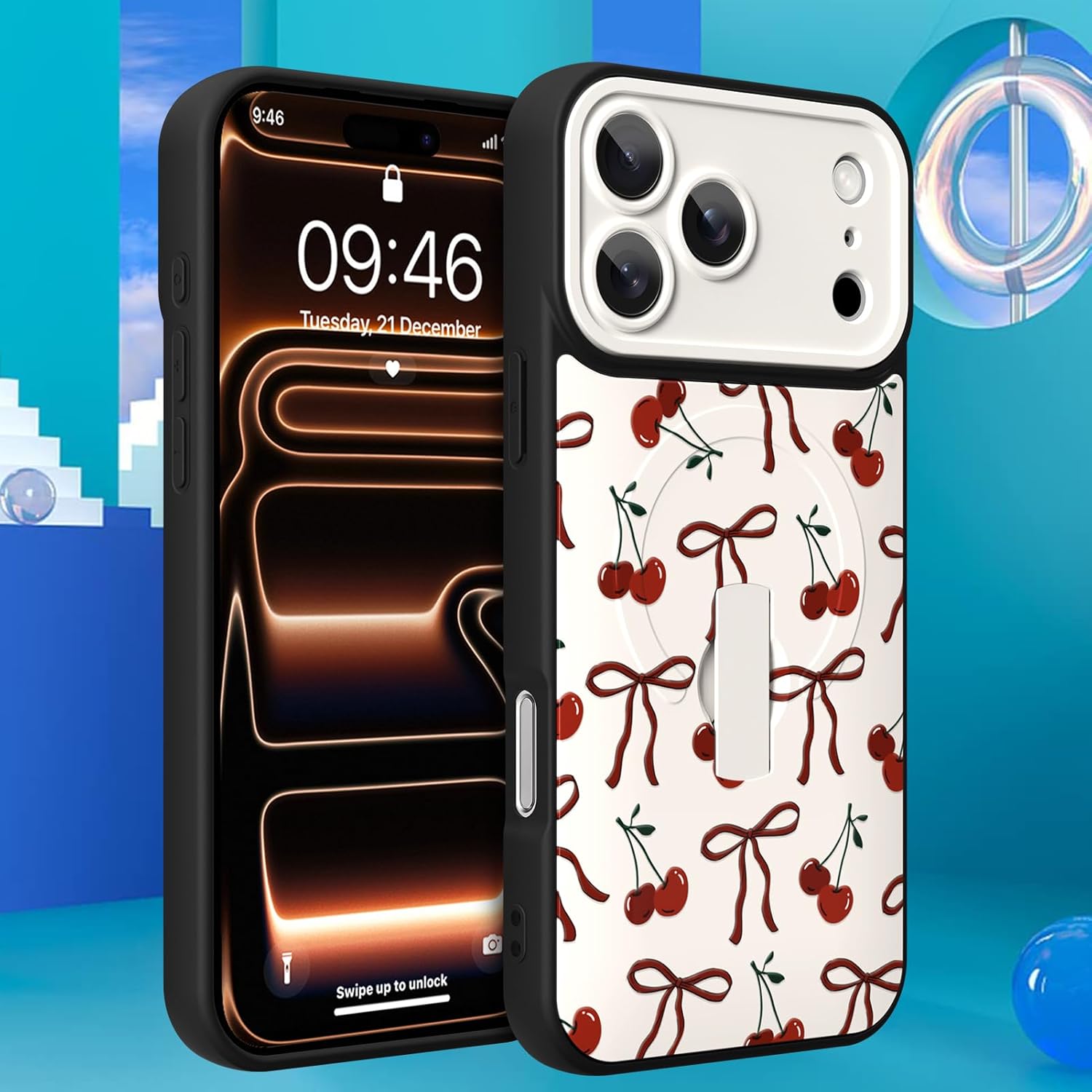 Magnetic Case for iPhone 17 Pro Max, Cute Cherry Bow Pattern, Built in Wrist Strap Grip Hand Finger Kickstand Compatible with Magsafe Full Camera Protection Cover for Women Men, White