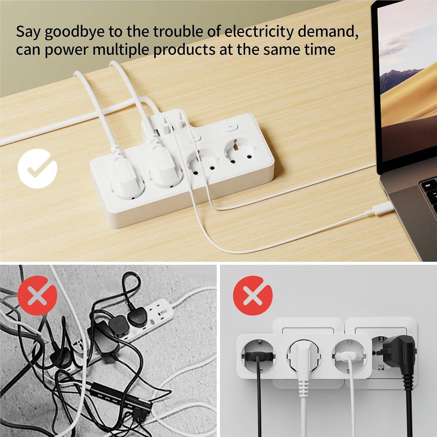 8-in-1 EU Power Board, Multi-Switch Power Extension Cord Plug-in Board, 4 AC sockets, 2 USB 2 Type-C, Desktop Wall Charging stat(EU_220V_Short-LINE-White)