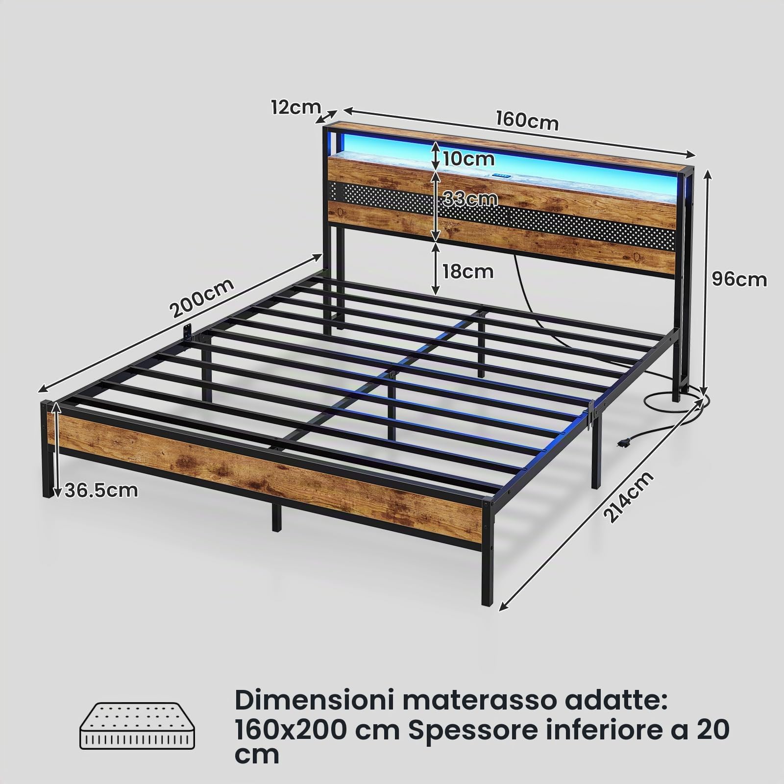 Letto 160 x 200 cm, con rete a doghe in metallo, struttura del letto in metallo con presa e funzione di ricarica USB, letto matrimoniale con spazio di archiviazione, letto basso, letto per giovani