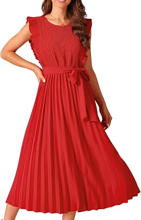 Seta T Womens Pleated Dress Summer Casual Ruffle Flutter Sleeve Crewneck Tie Waist Flowy Midi Dresses