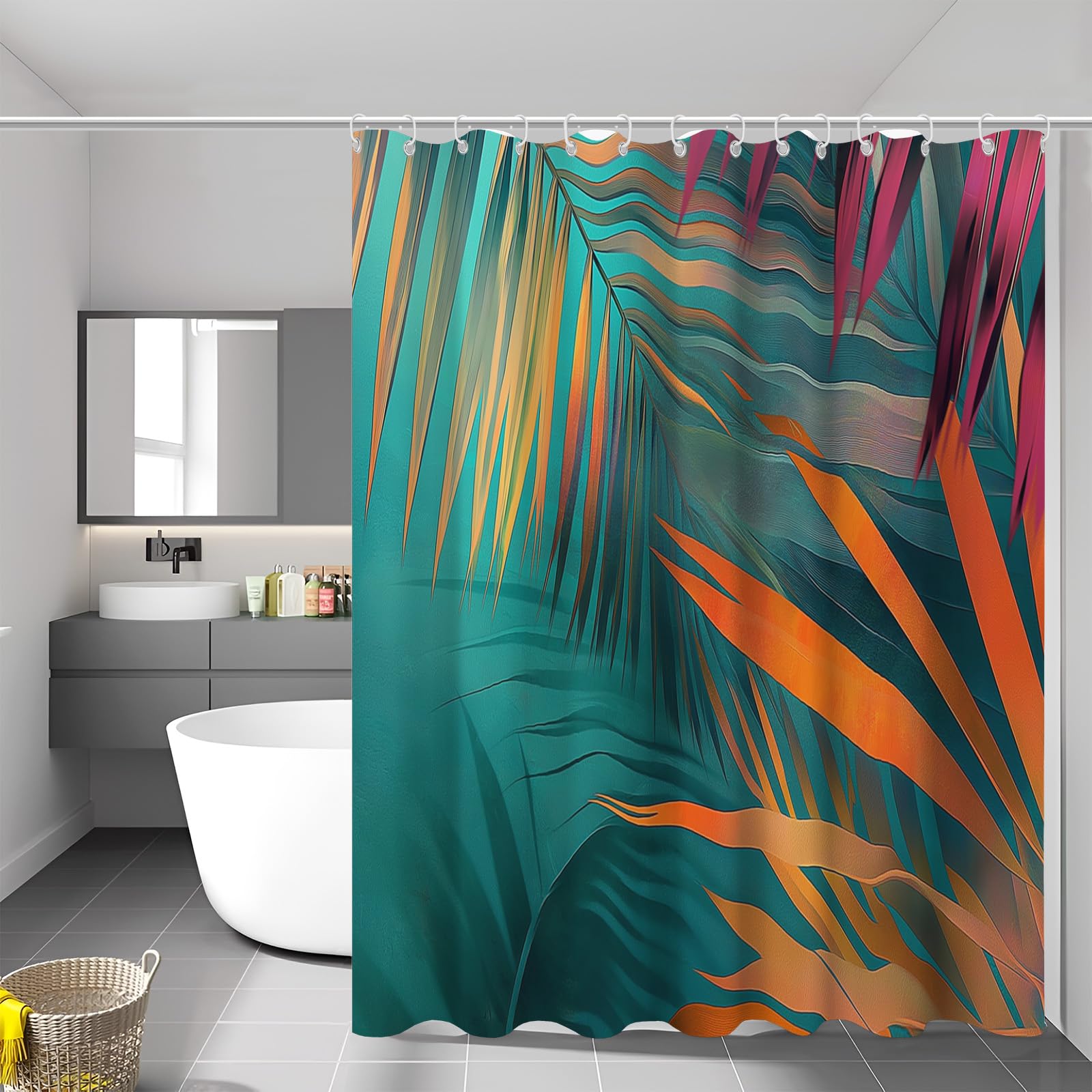 Rideau de douche 3D feuilles de palmier 240x200 cm imperméable et lavable pour salle de bain moderne