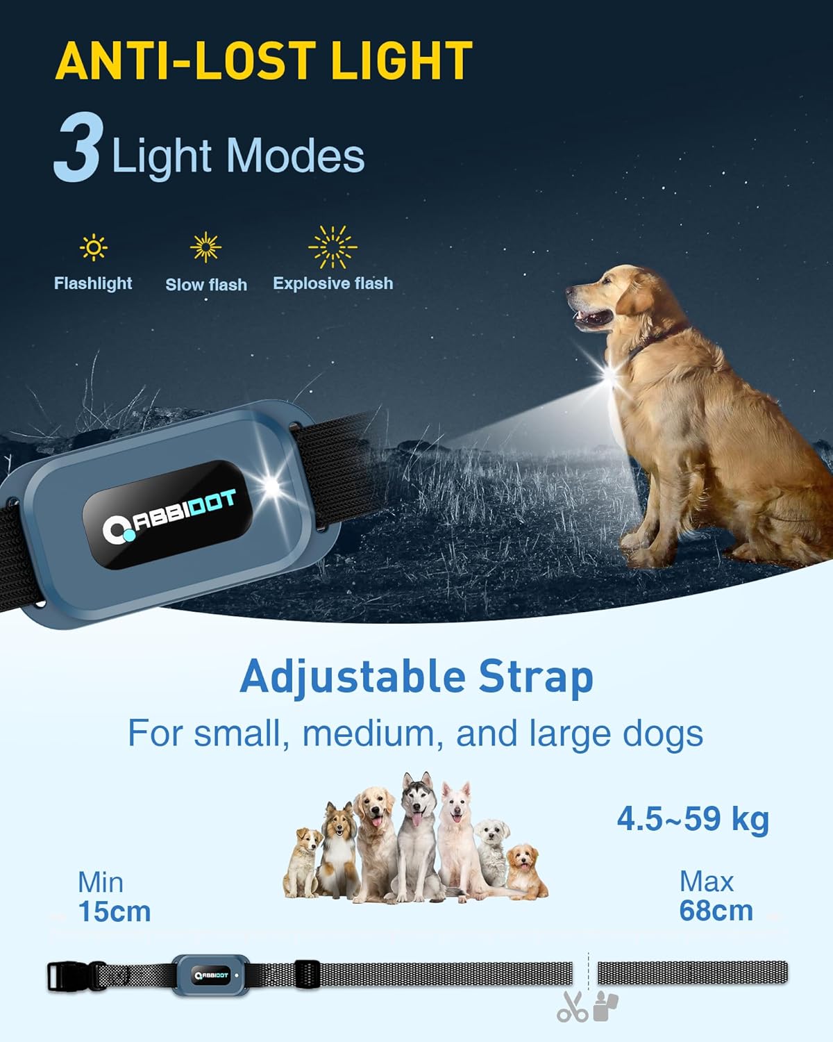 ABBIDOT Shock Collar for Dogs, 4500FT Dog Training Collar with Remote，IPX7 Waterproof Rating，6 Training Modes (Beep, Vibration, Safe Shock), Enhanced Night Light, Rechargeable E-Collar （10-130 lbs）